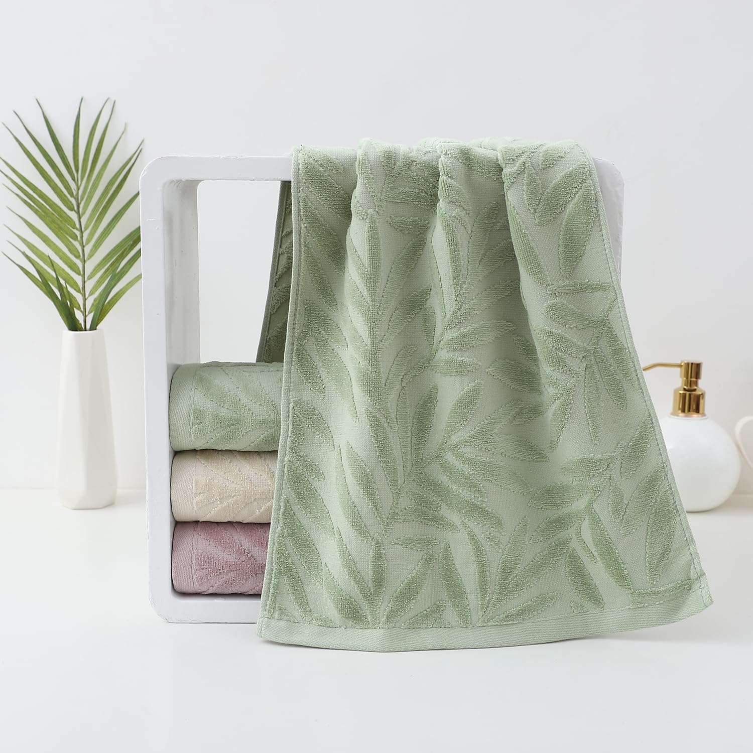 Hand Towels Set of 4 Leaf Pattern 100% Cotton Absorbent Soft Decorative Towel for Bathroom (Green)