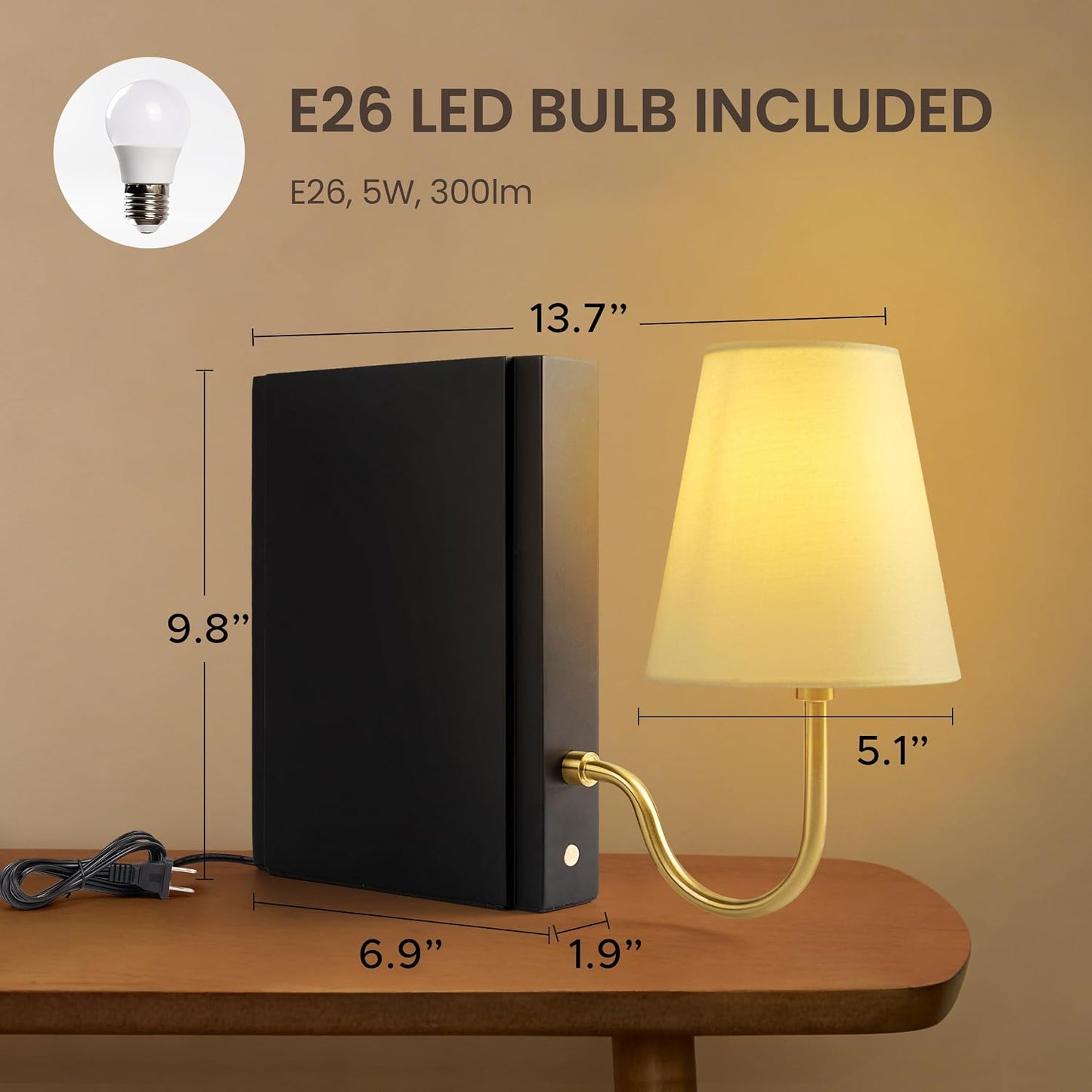 Solid Wood Bookshelf Lamp with Bulb, 3-Color Touch Control Dimmable Table Lamp with Linen Shade, Modern Decorative