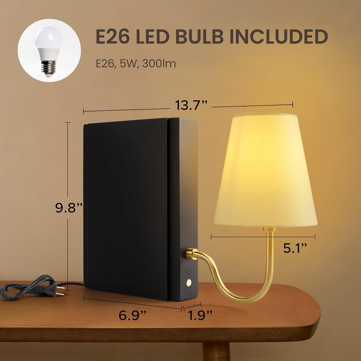 Solid Wood Bookshelf Lamp with Bulb, 3-Color Touch Control Dimmable Table Lamp with Linen Shade, Modern Decorative