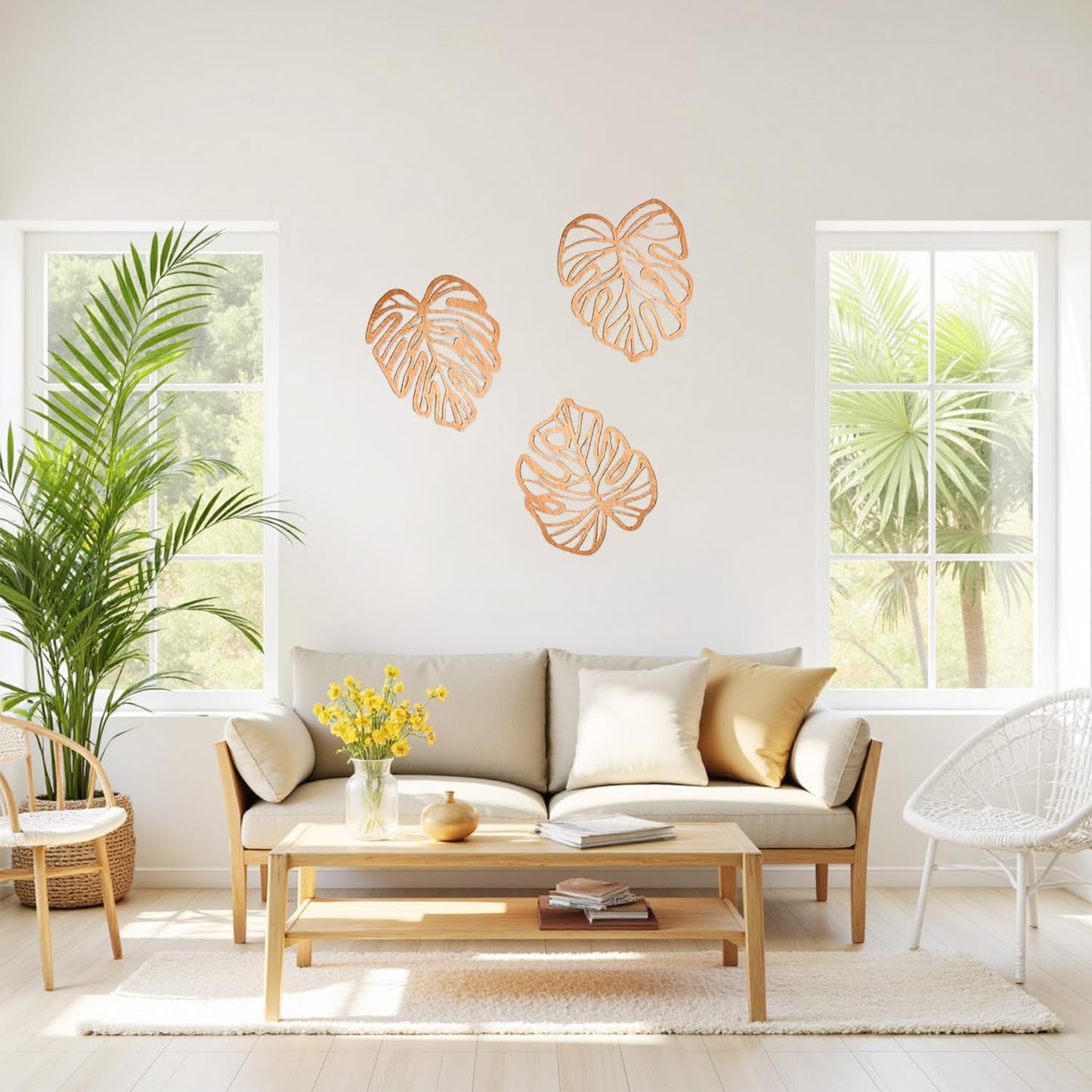 Boho Tropical Jungle Plant Wall Art / Light Brown / Set of 3