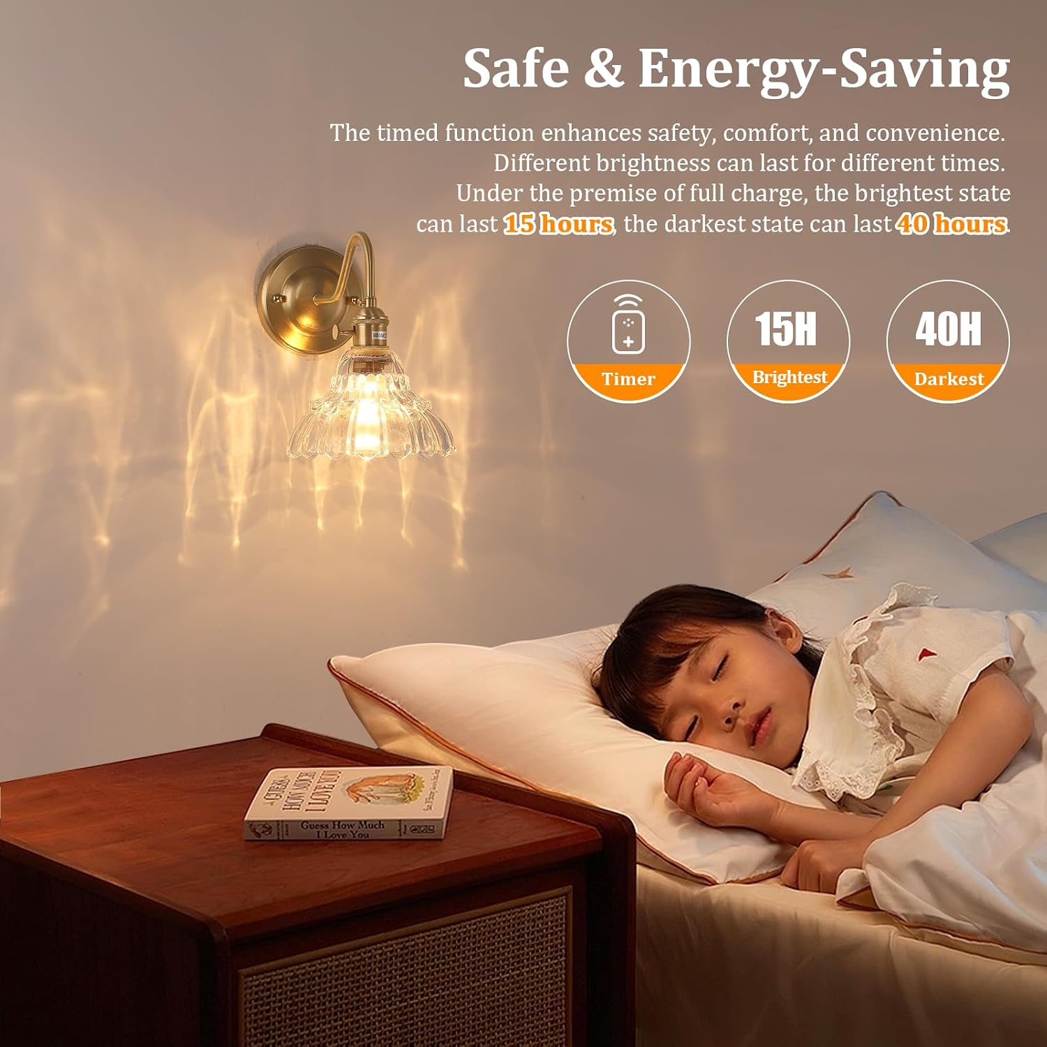 Shenmoyl Battery Operated Wall Sconce Set of 2, Vintage Rechargeable Wall Lights with Clear Lily Glass Shade, Wireless