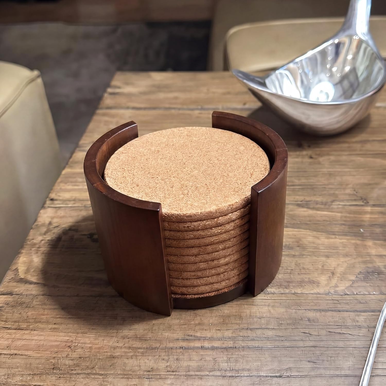 Wooden Coaster Holder Rustic for Round Coasters / Brown / 4 Inch / Set of 2