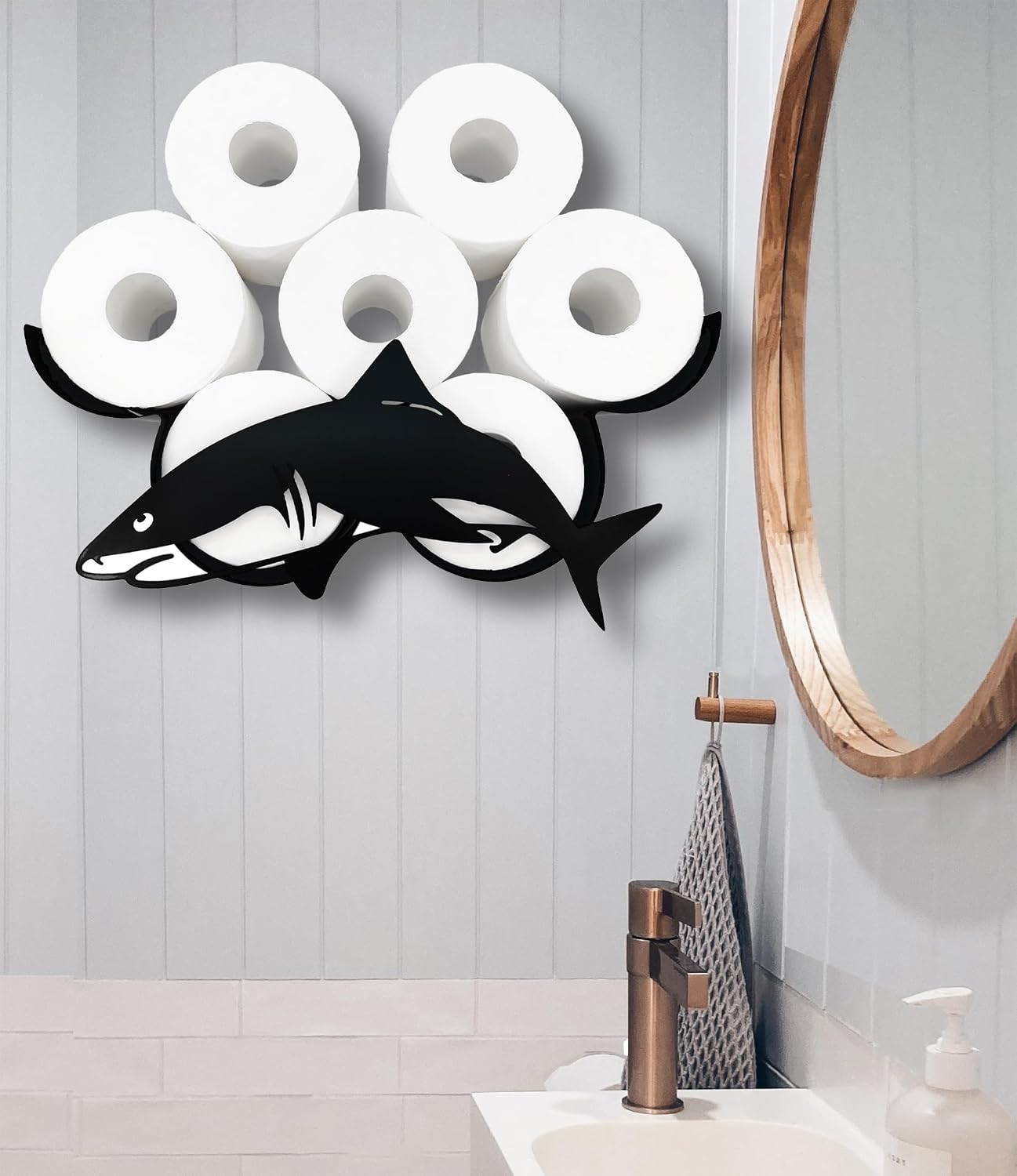 Shark Toilet Paper Holder - Wall-Mounted Bathroom Storage Decor, Holds 8 Rolls - Decorative and Space-Saving Design