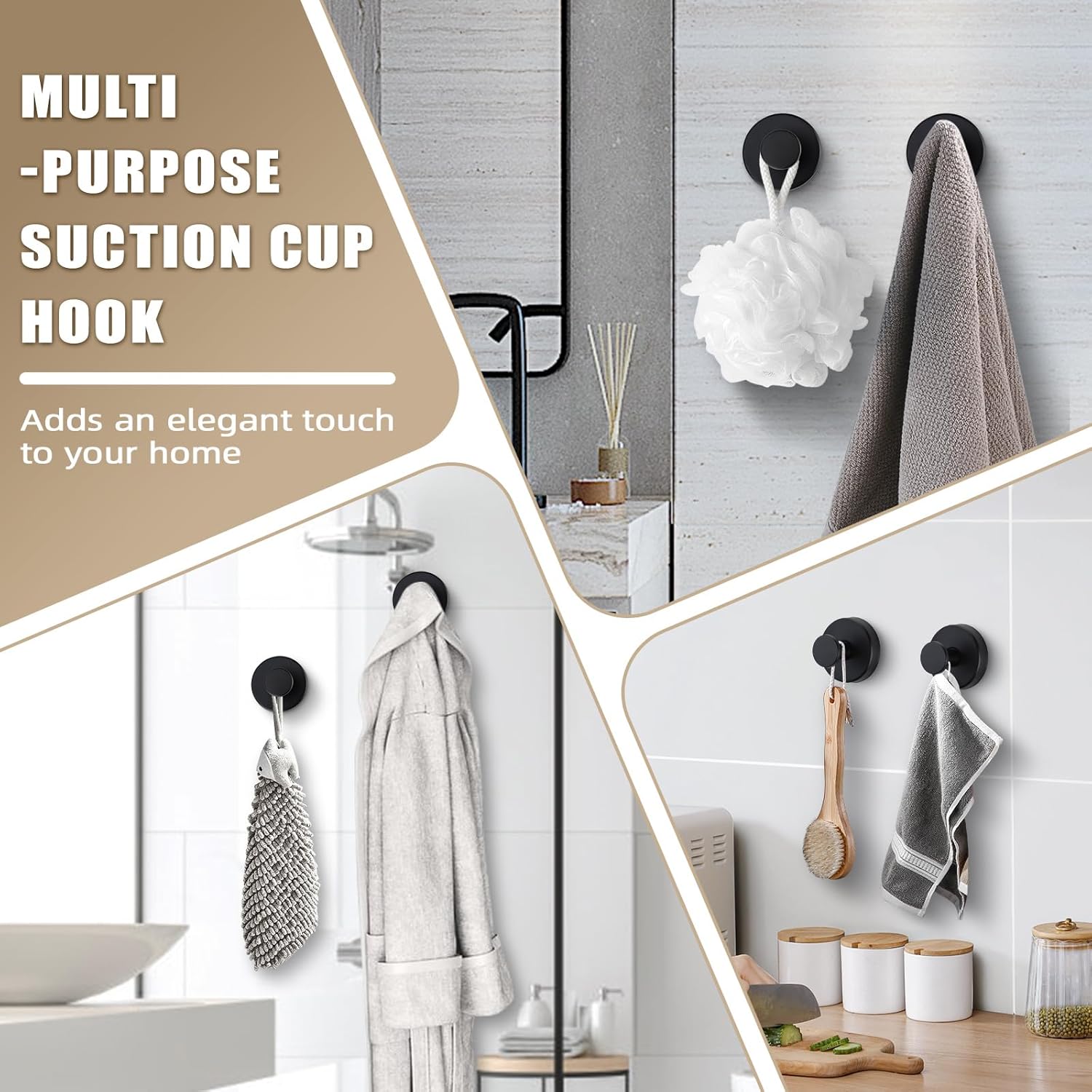 Suction Cup Hooks for Shower No-Drill Bathroom Hooks for Towels / Matte Black / Set of 2