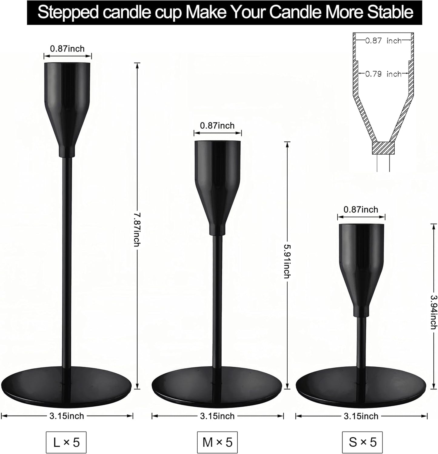 Black Candlestick Holders, Metal Taper Candle Holders,Bulk Set of 15 | Elegant matte black candle stands, 3 heights