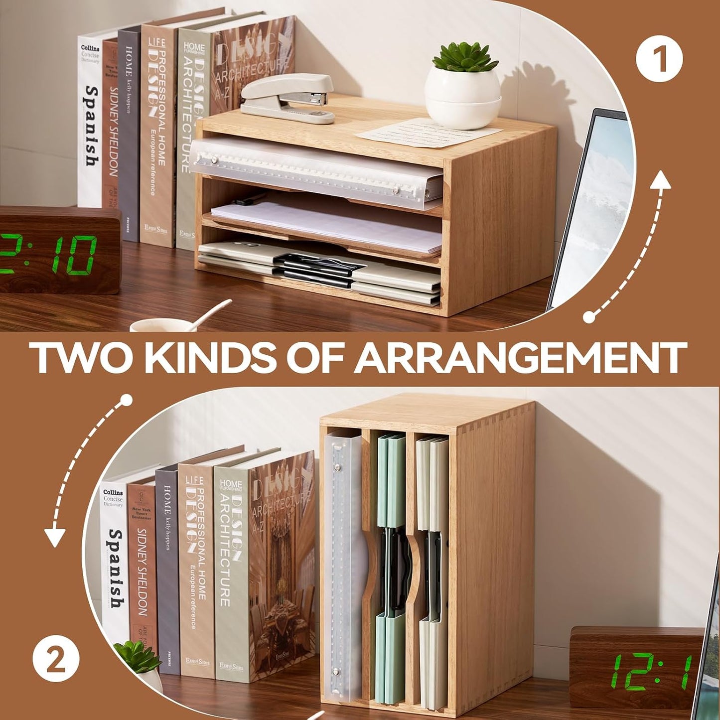 KIRIGEN Wooden Desk Organizer 3-Tier Letter Tray and Paper Sorter, Natural | Solid Wood Paper Tray Document Holder