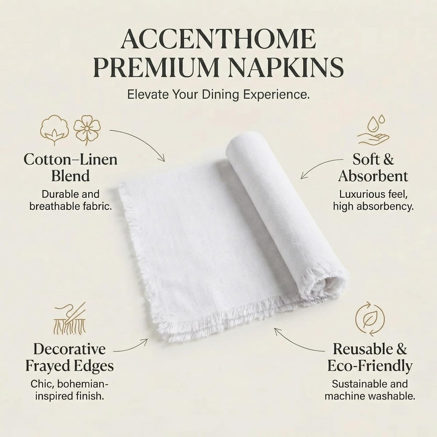 ACCENTHOME White Cotton Linen Napkin Set of 12 18x18 inch Dinner Napkins - Washable Soft Premium Hotel Quality Reusable