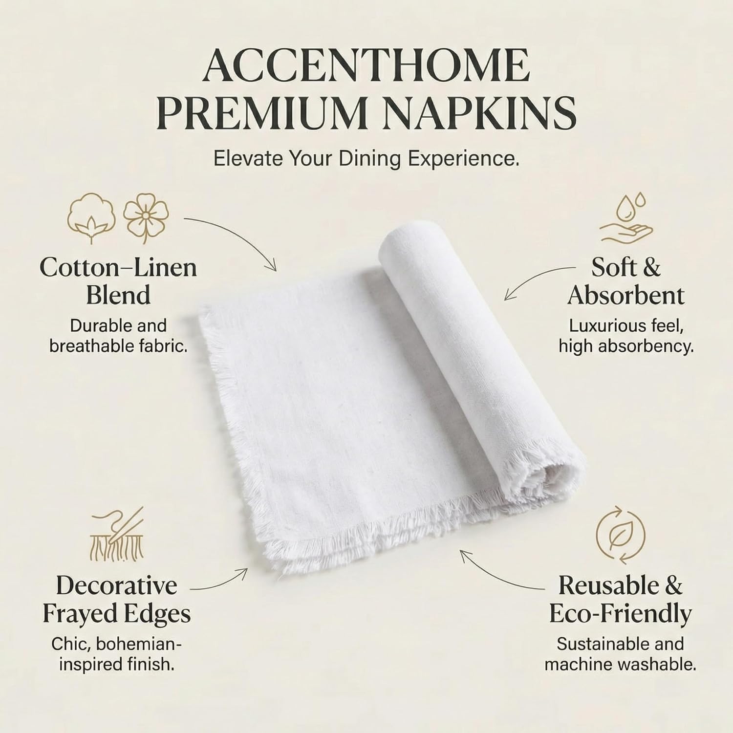 ACCENTHOME White Cotton Linen Napkin Set of 12 18x18 inch Dinner Napkins - Washable Soft Premium Hotel Quality Reusable