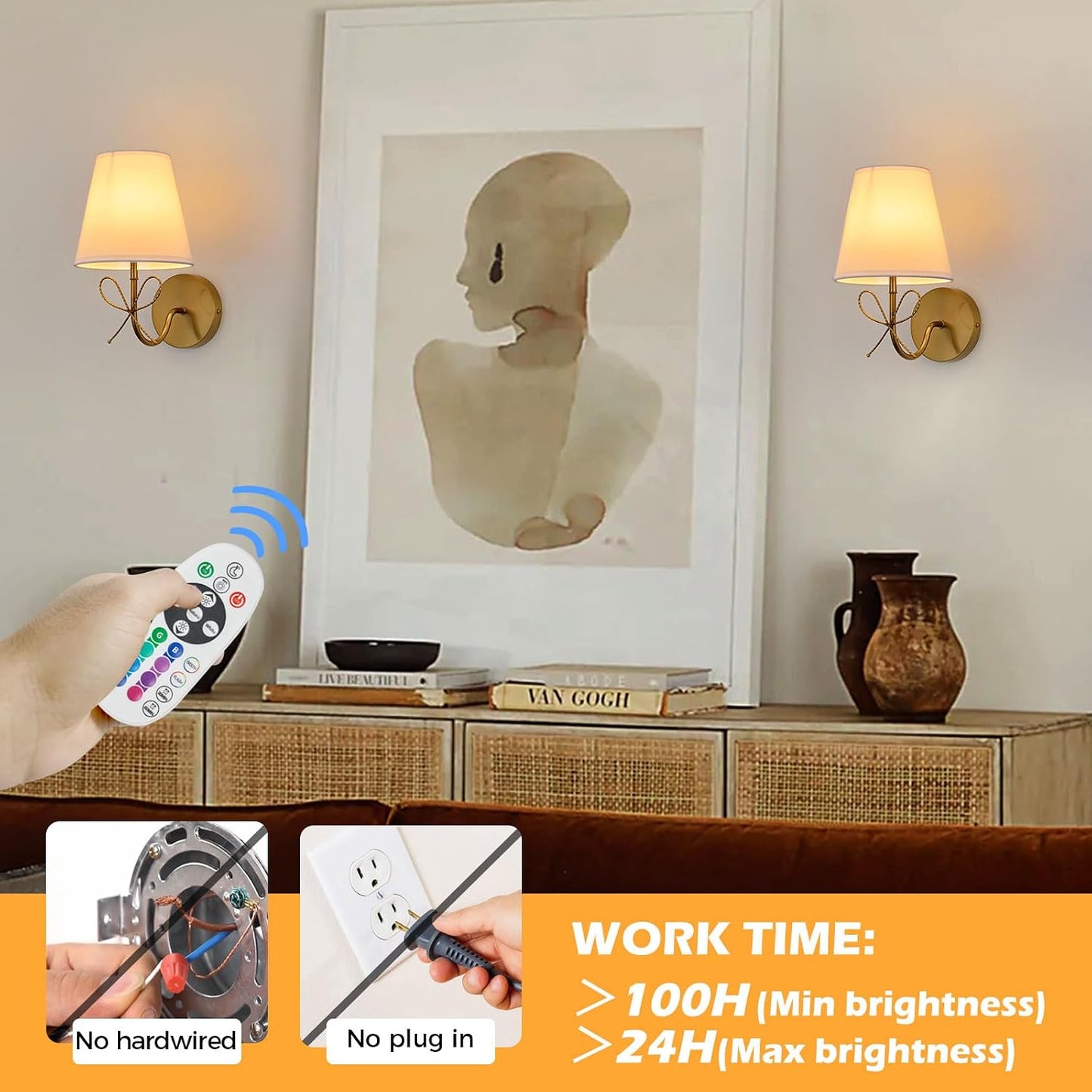 PASSICA DECOR Bow Wireless Battery Operated Wall Sconce Set of 2, Rechargeable Dimmable LED Lights 2×6500mAh with 15