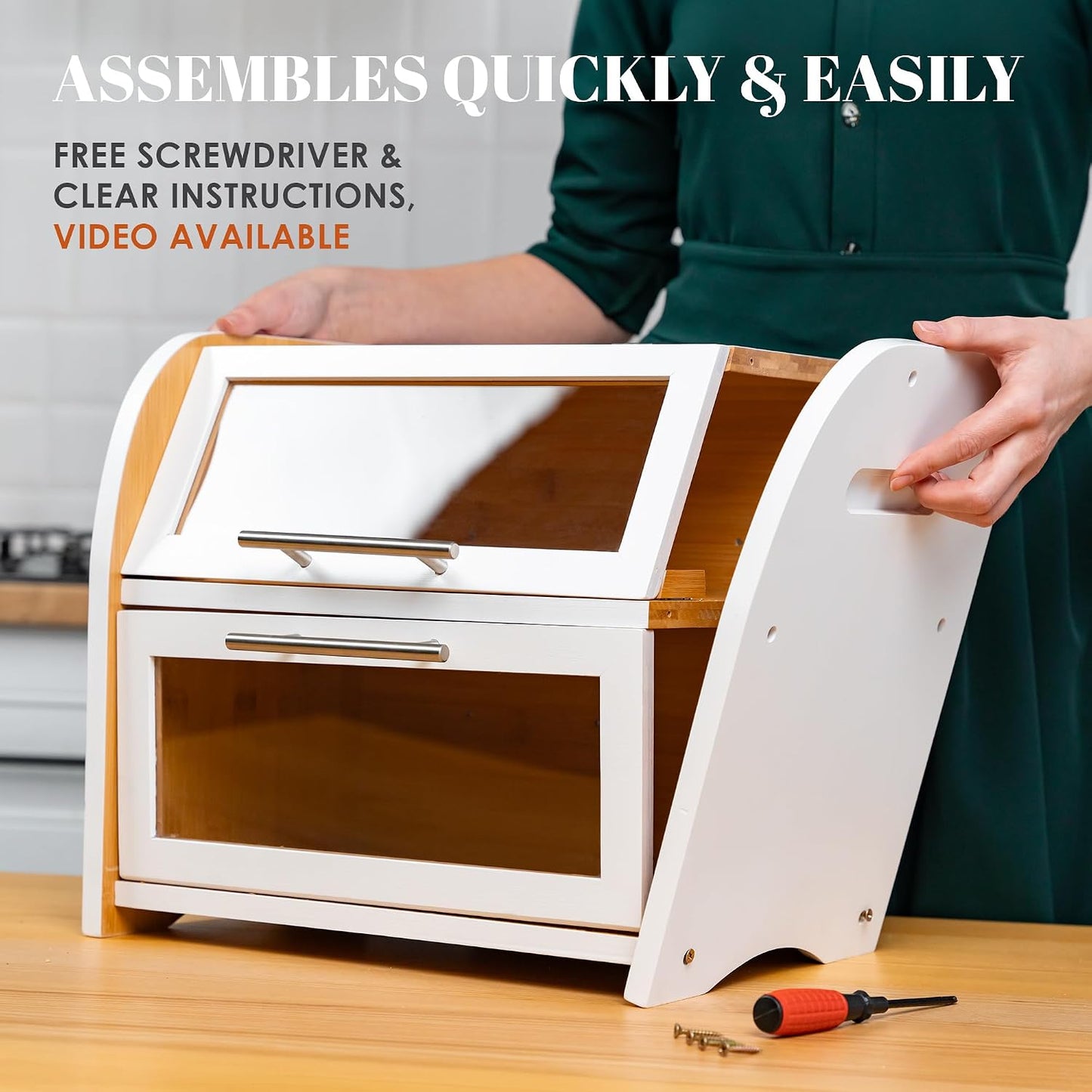 Arise Stylish Bamboo Bread Box for Kitchen Countertop, Extra Large 2-Shelf Wooden Bread Storage Container with Clear