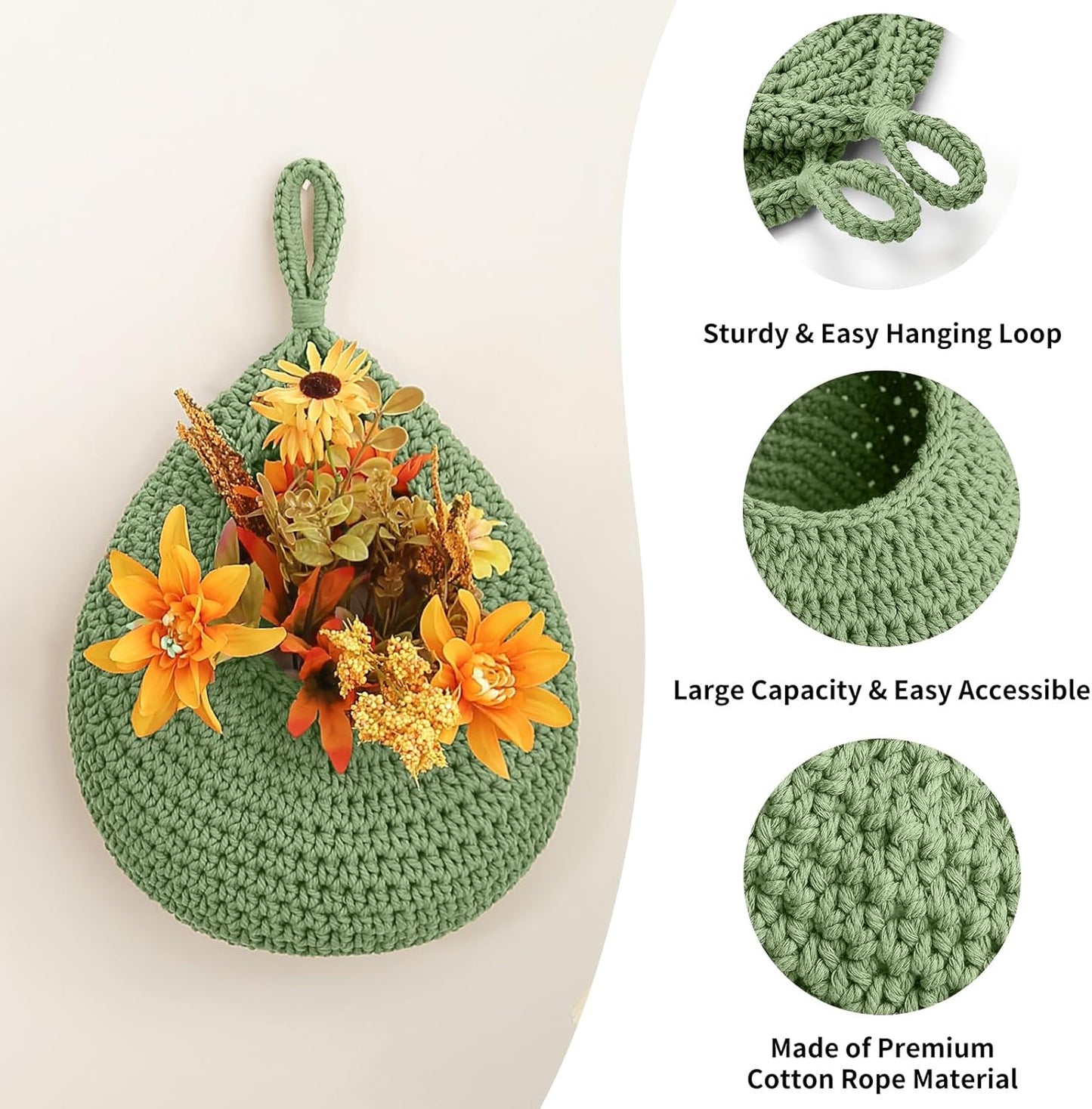 Boho Wall Hanging Fruit Baskets / Green / Set of 6