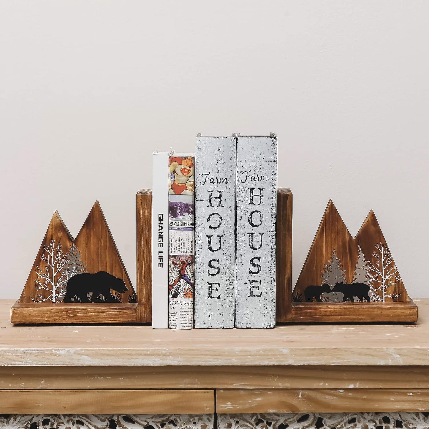 Heavy Duty Non Slip Rustic Woodland Mountain Wood Bookend Book Ends Book Stoppers for Cabin / Bear