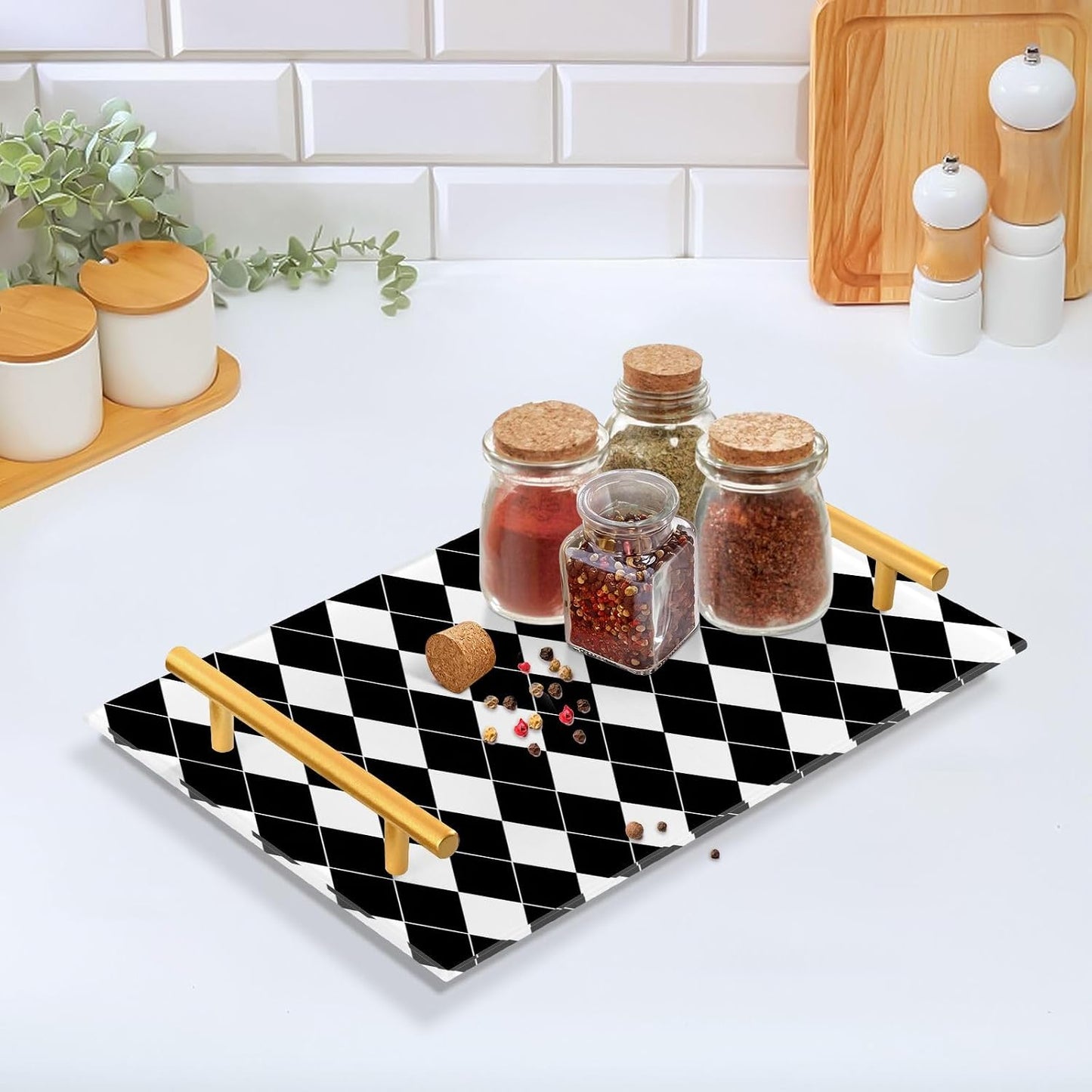 Black White Checkerboard Bathroom Tray Vanity Trays Decorative / Black White Harlequin Pattern
