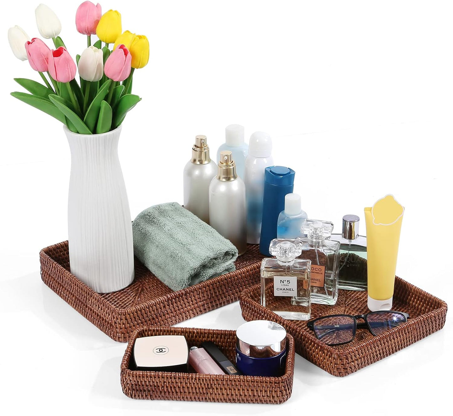Rattan Tray / Rectangular Woven Tray / Dark Brown / Set of 3