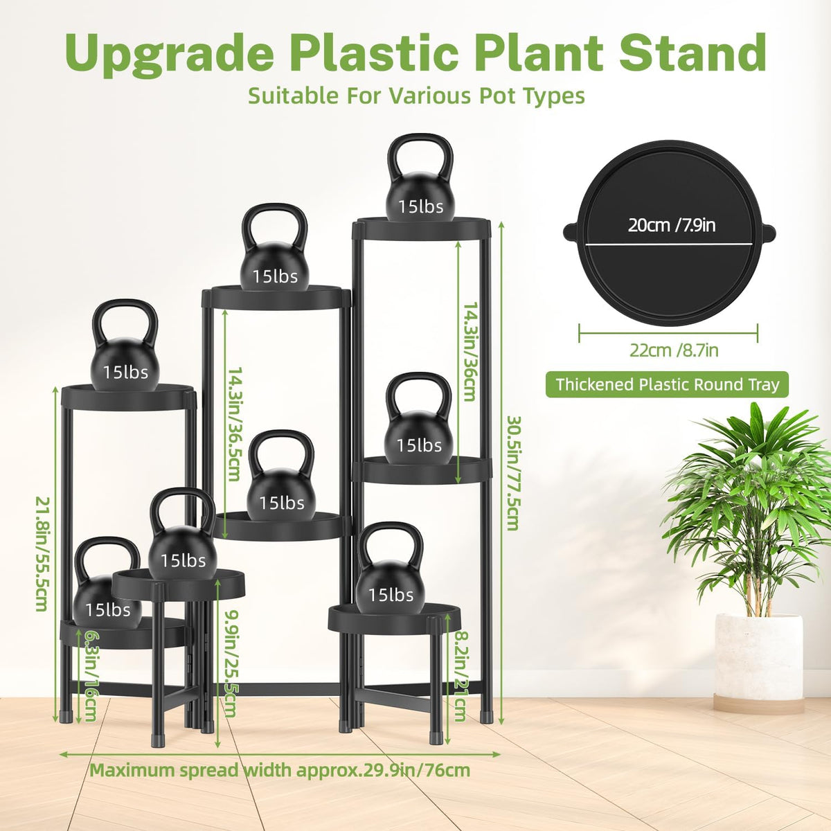 iDavosic.ly 8 Tier Folding Plant Stand Indoor Outdoor, Plastic Tray, Black | Space Saving Tiered Corner Storage Display