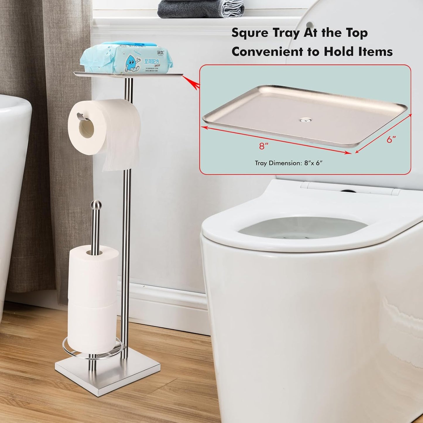 Toilet Paper Holder with Tray At the Top, Heavy-Weighted Stainless Steel Base No Wobbly, Freestanding Toilet Paper