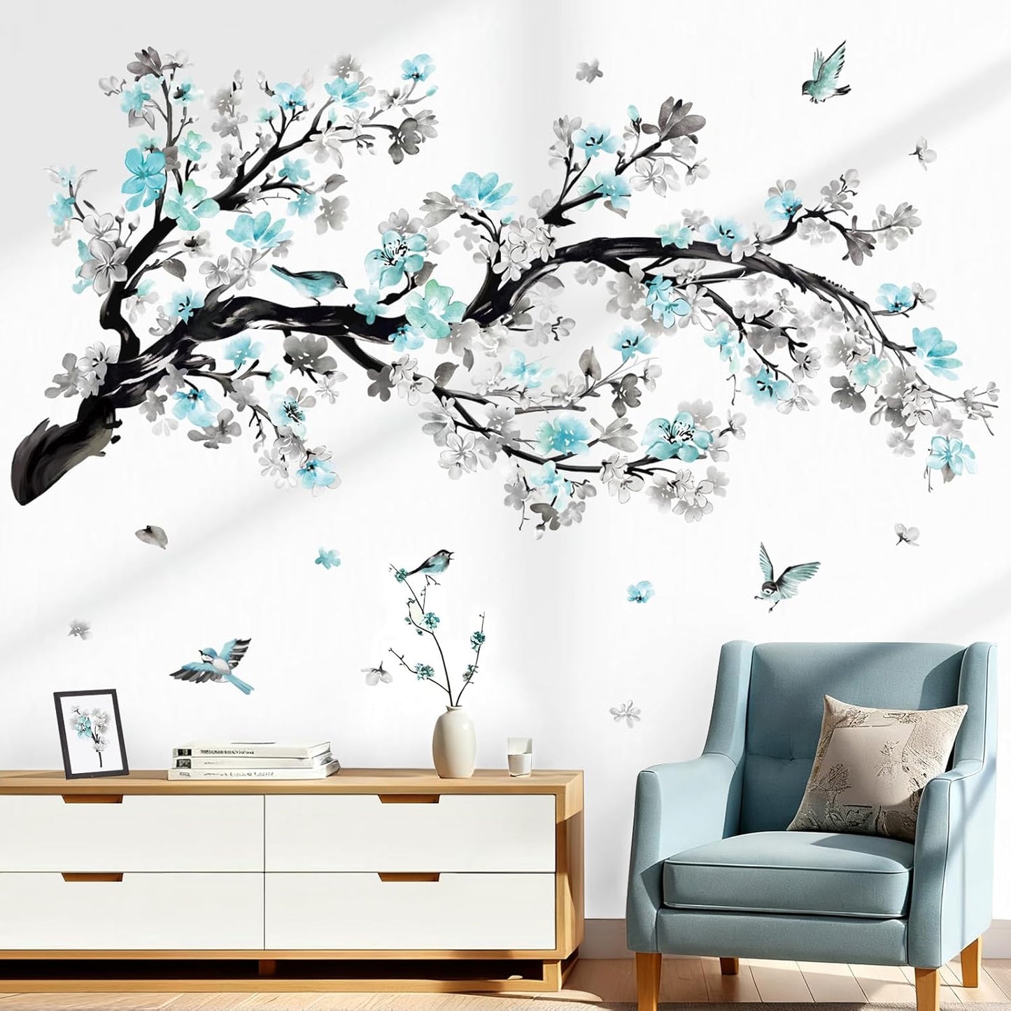 Watercolor Flower Branch Wall Stickers Blossom Tree Floral Birds Peel and Stick Wall Art / Blue