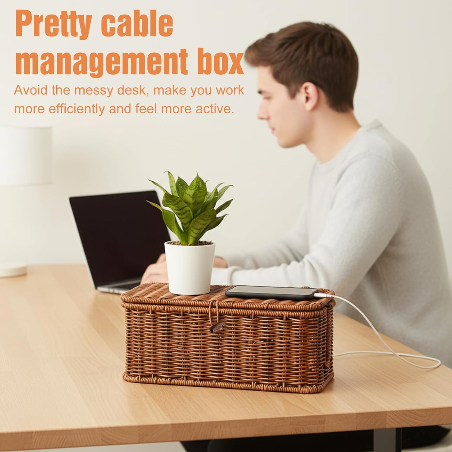 Cable Management Box Handmade Rattan Cable Organizer Stylish Hider Box