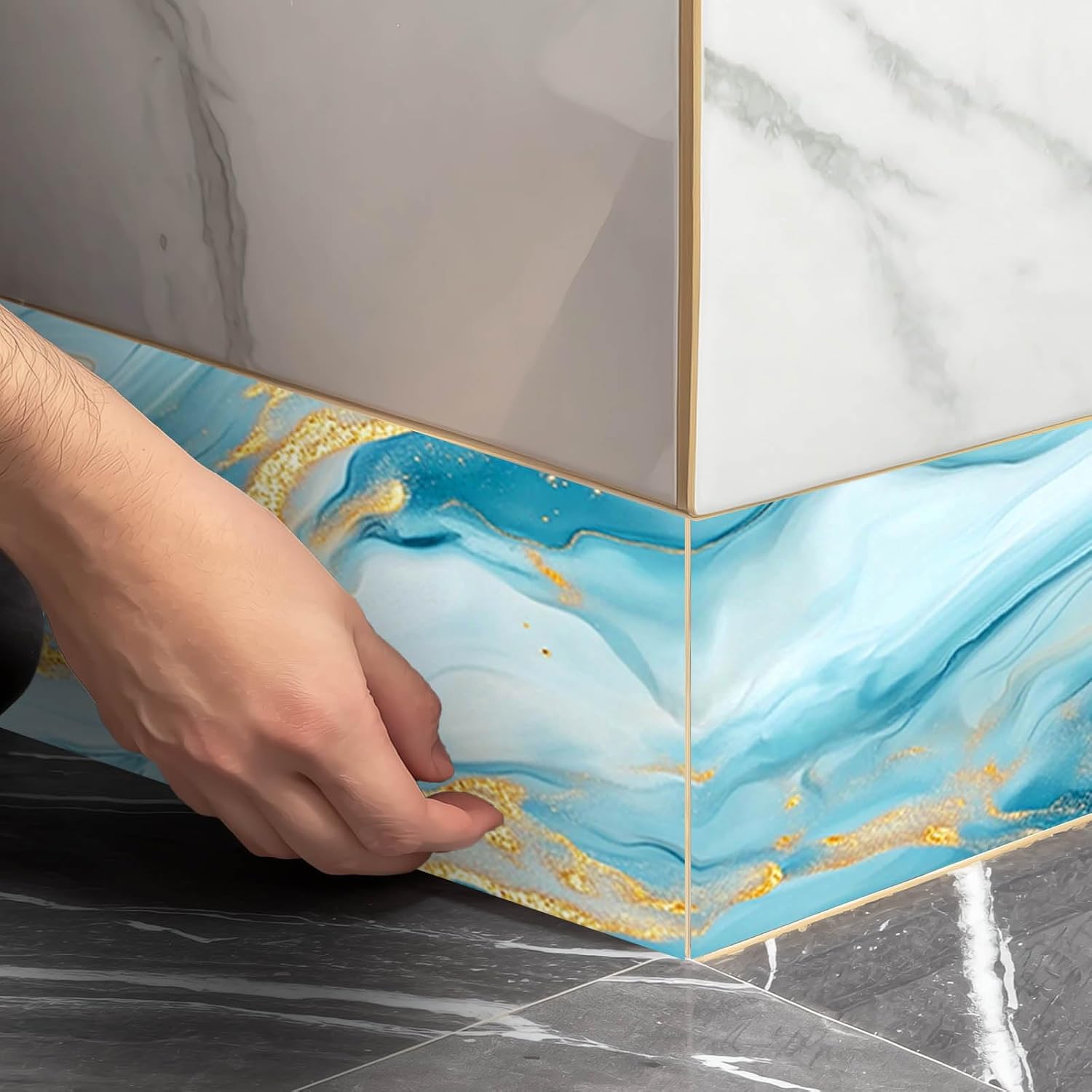 Wallpaper Border Peel and Stick Blue Gold Marble Pattern Mirror Frame / Ocean Gold Marble / 196 x 4