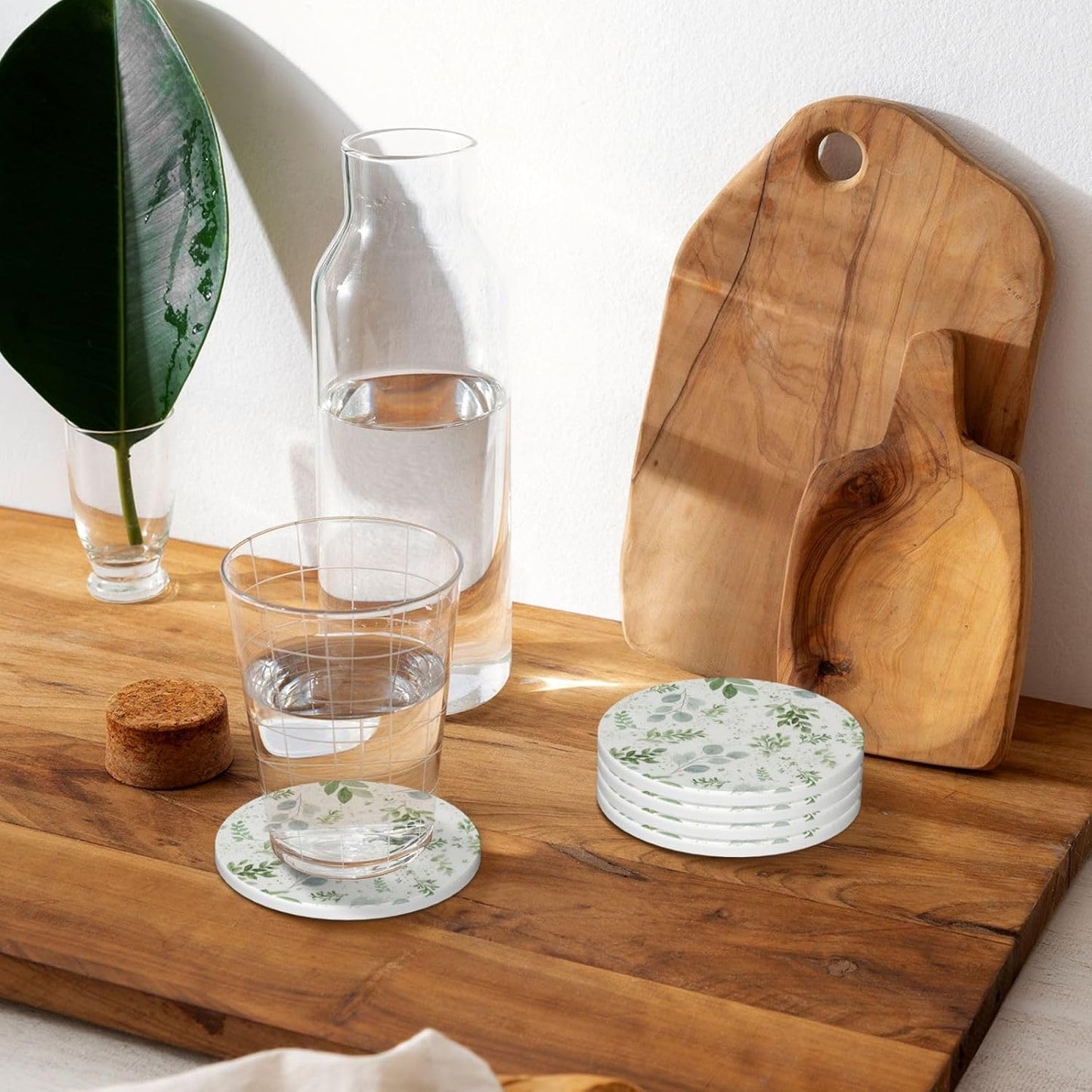 Leaves Coasters Absorbent Ceramic Drink Coaster / Green / 4 Inch / Set of 4