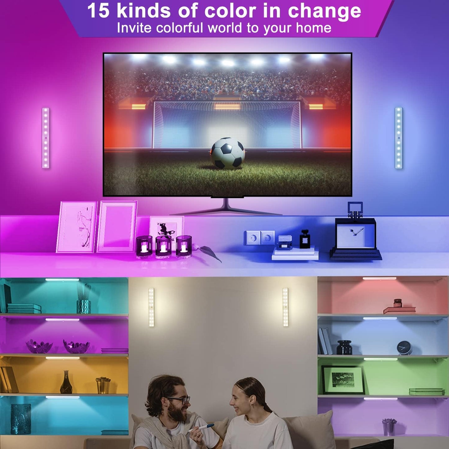 Under Cabinet Lighting Wireless with Remote, 6 Pack | 48 LED Rechargeable, Dimmable LED Closet Light,15 Color