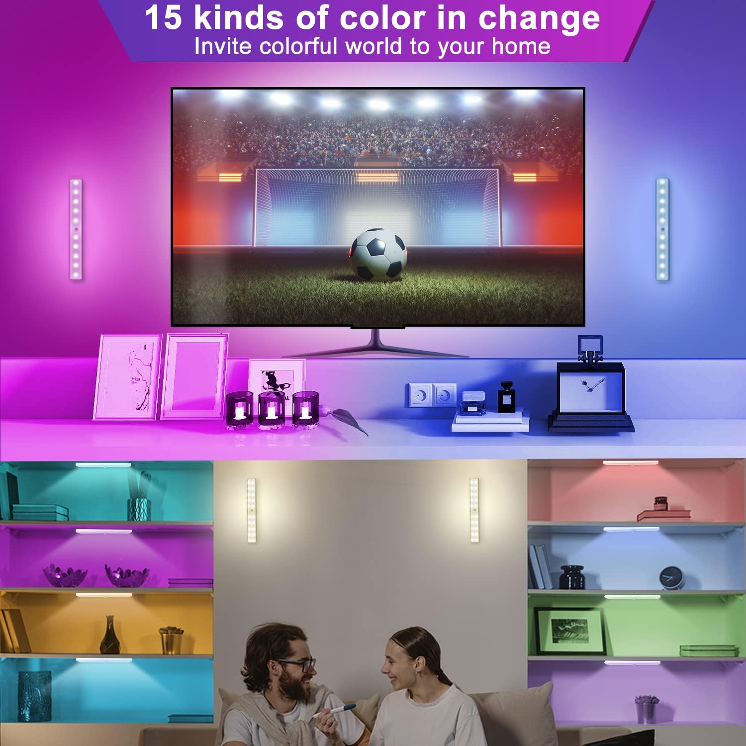 Under Cabinet Lighting Wireless with Remote, 6 Pack | 48 LED Rechargeable, Dimmable LED Closet Light,15 Color