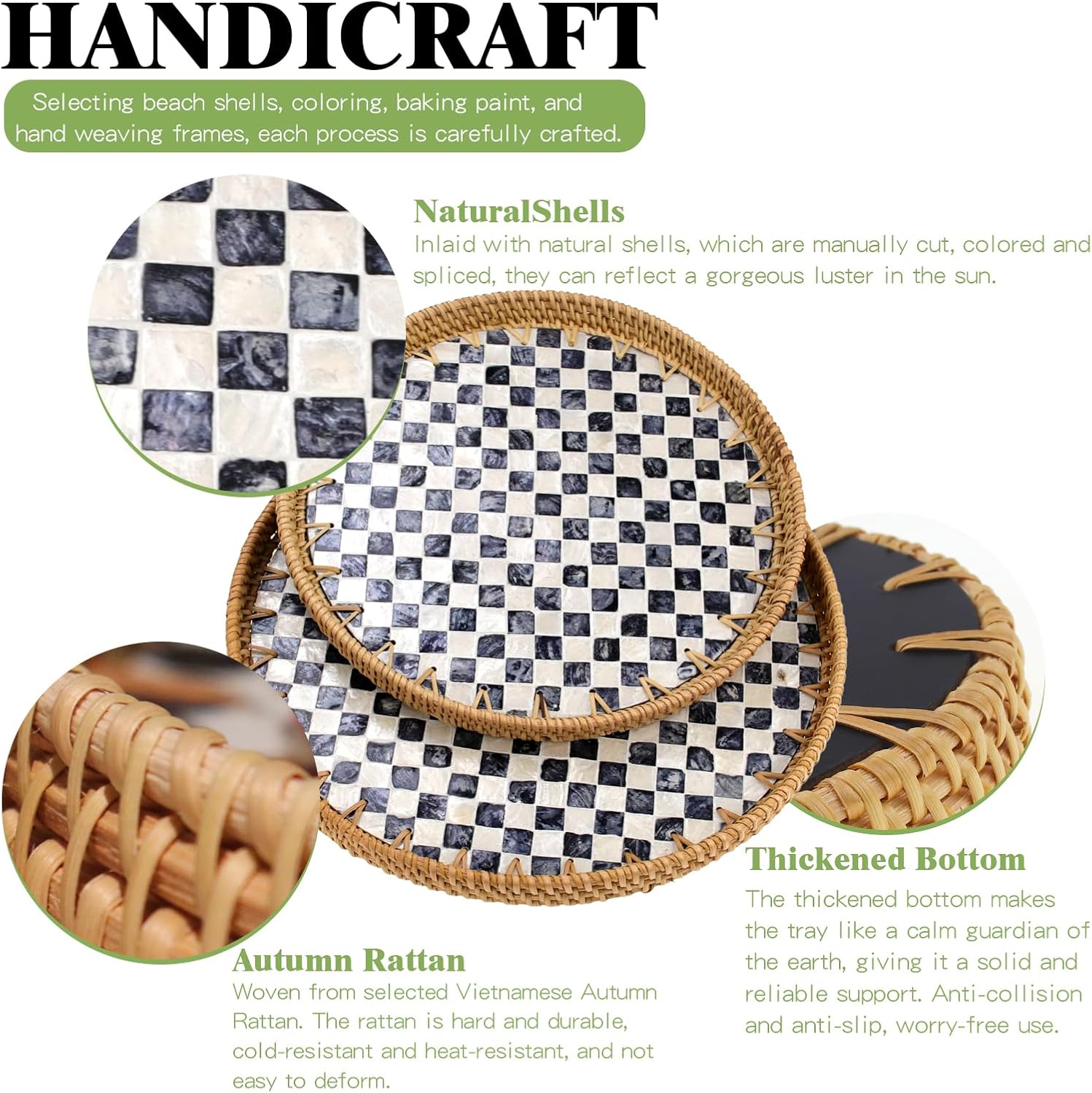 Round Rattan Mother of Pearl Inlay Serving Tray / Checkerboard / 11.8 Inch / Set of 2