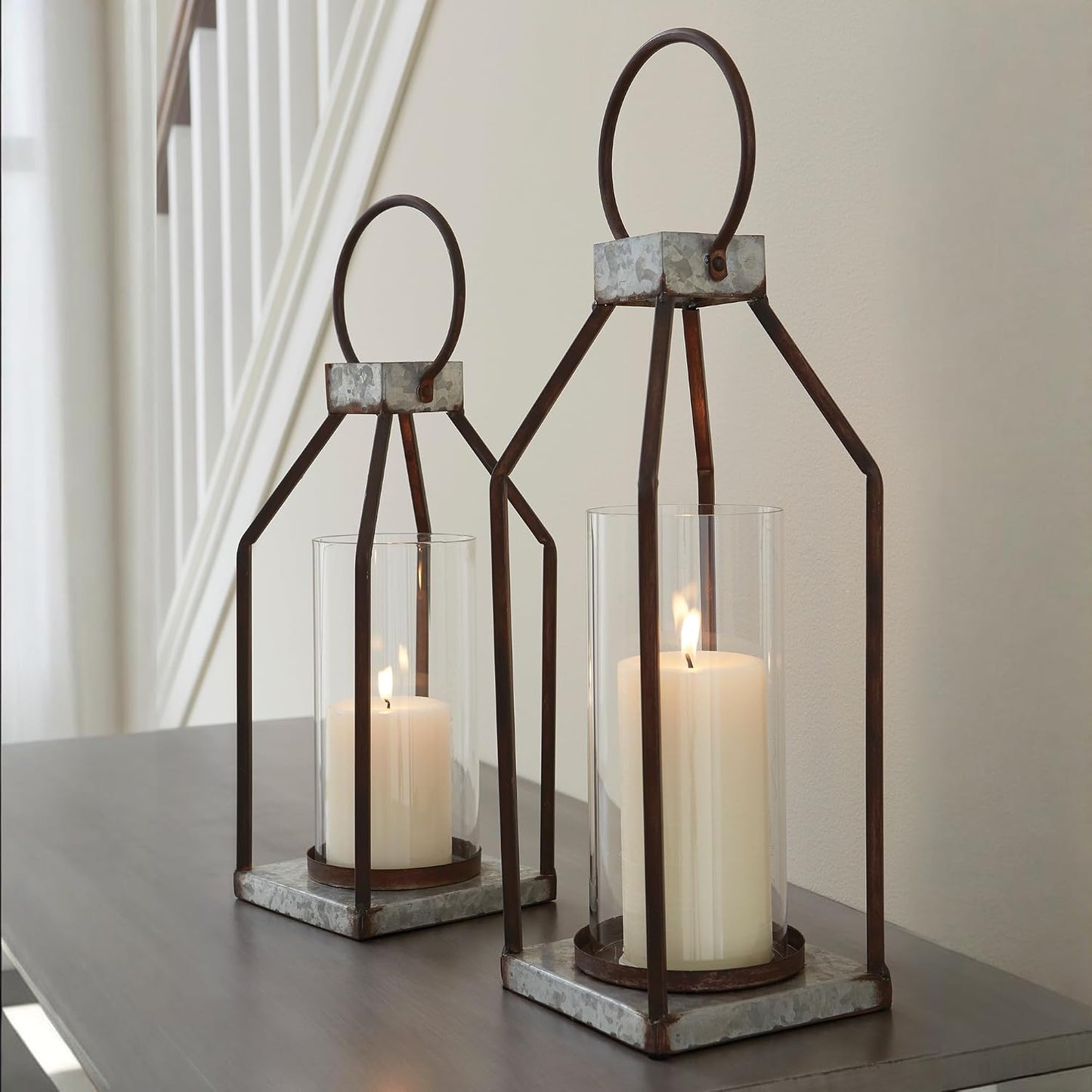Signature Design by Ashley Diedrick Rustic Lantern, Set of 2, Indoor/Outdoor, Galvanized Metal, Antiqued Finish, Glass