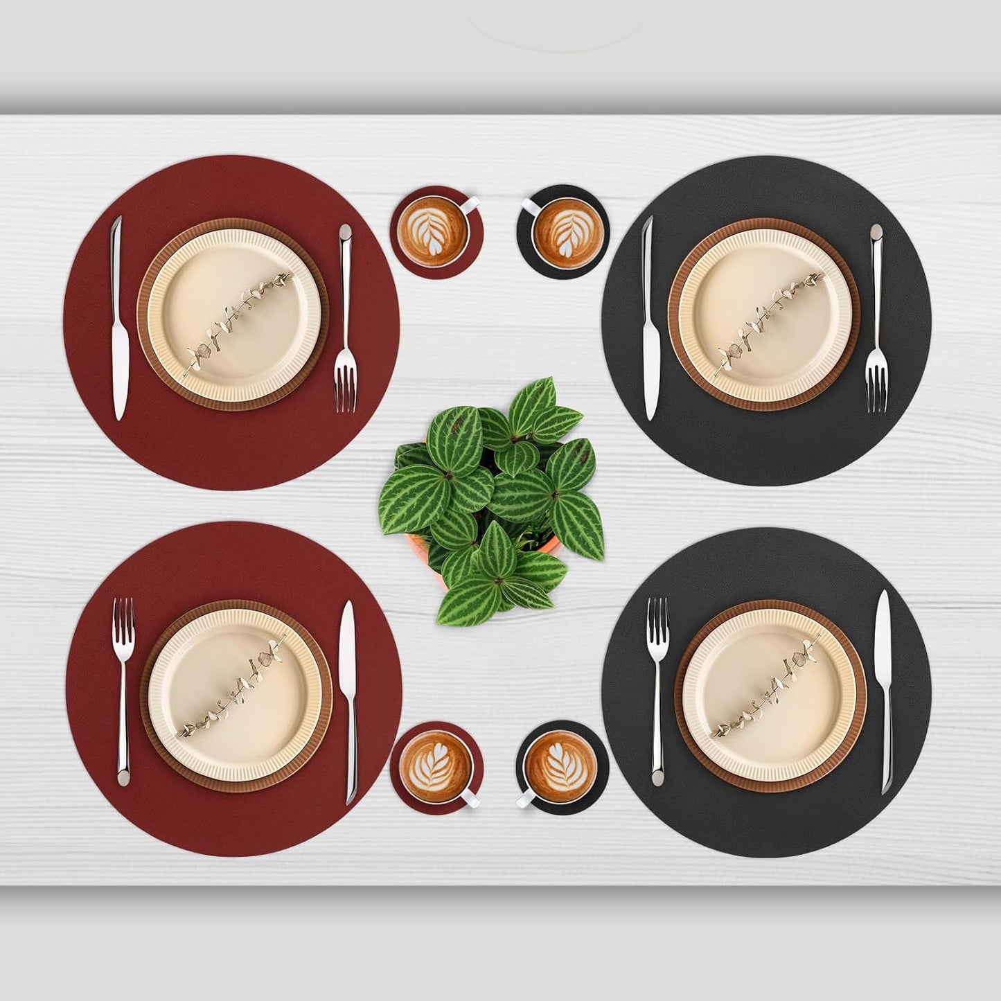 Myir JUN 15 Inches Round Placemats Set of 6 Faux Leather Place Mats | Waterproof Heat Resistant Placemats and Coasters