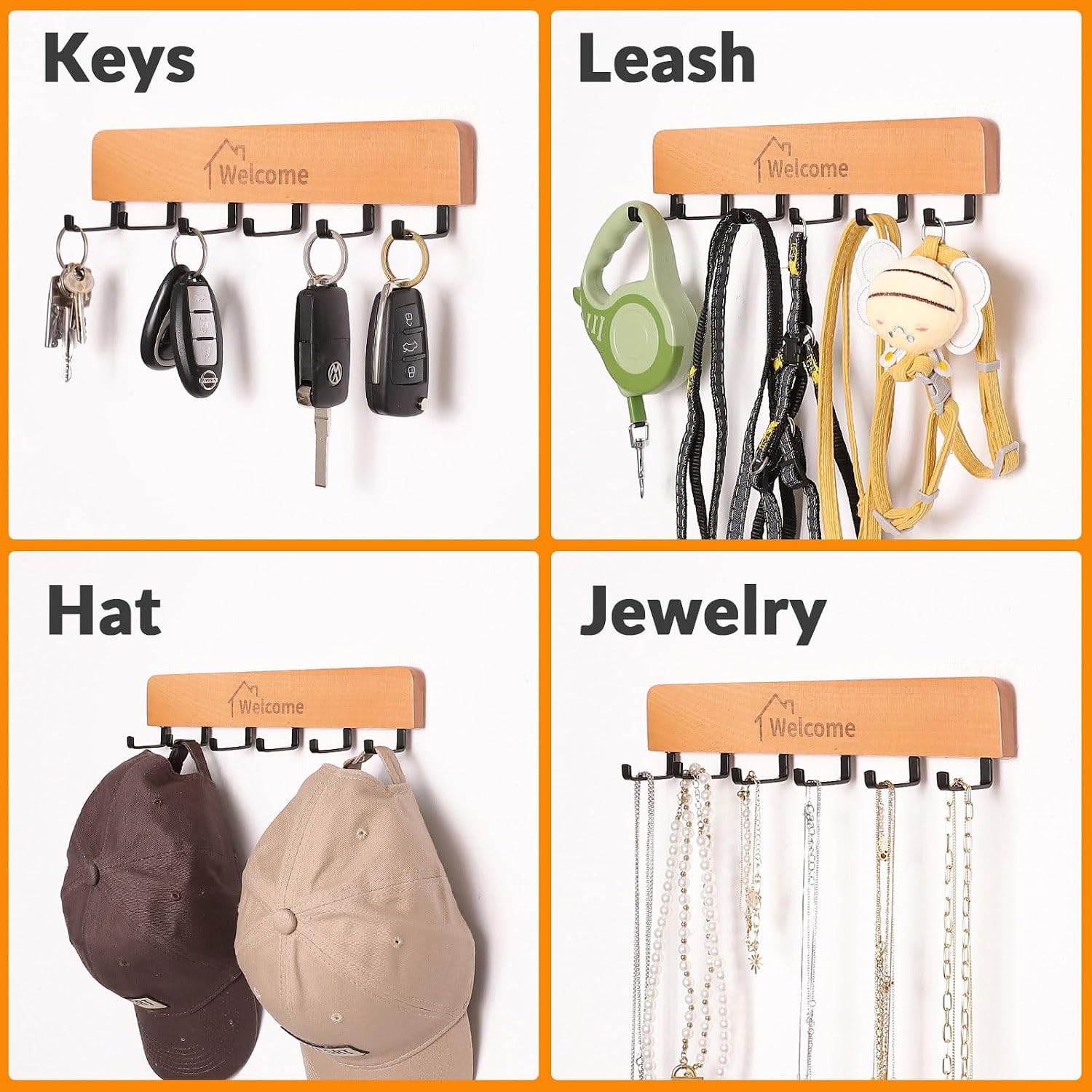 Metal Hooks / Wooden Key Holder / Natural / Set of 2