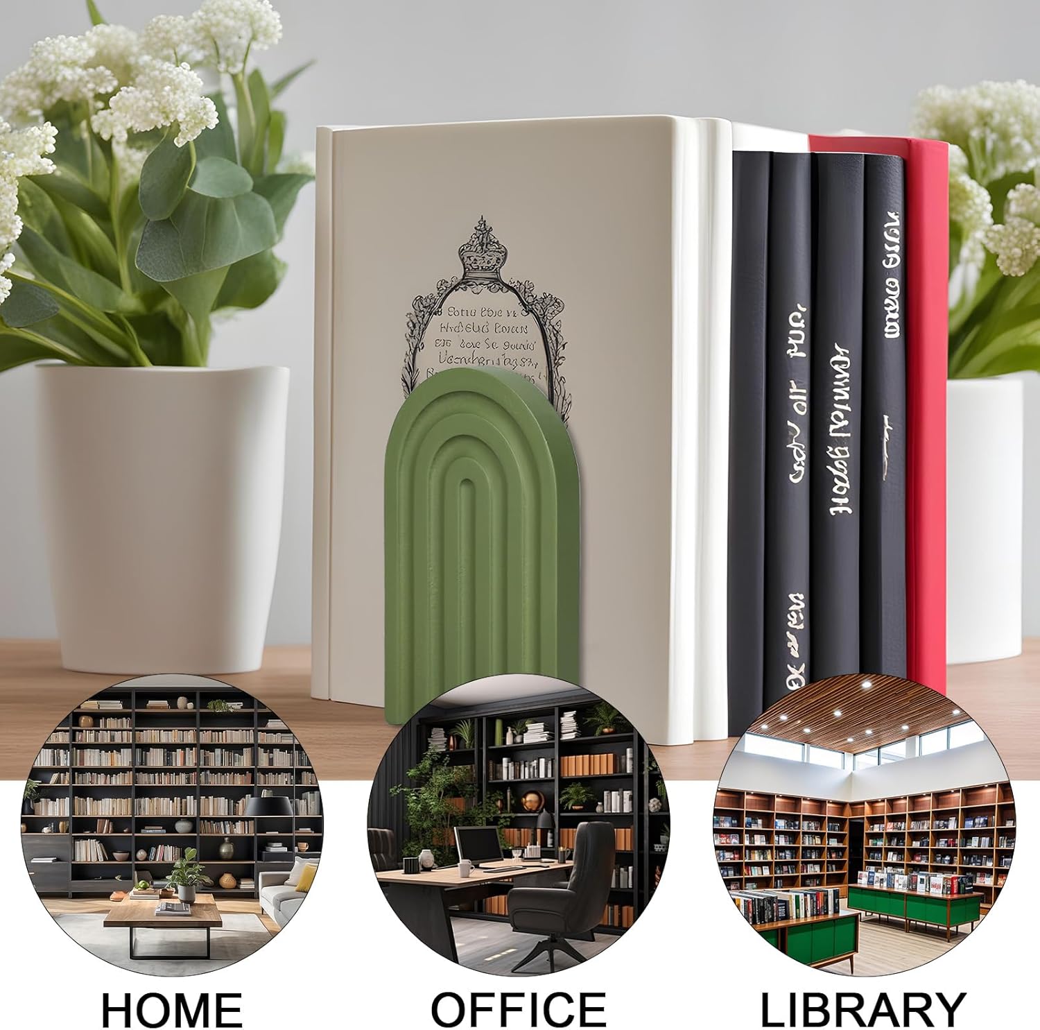Boho Wooden Arch Bookends Rainbow Non-Skid Book Stoppers Study Decorative / Sage Green / Set of 4