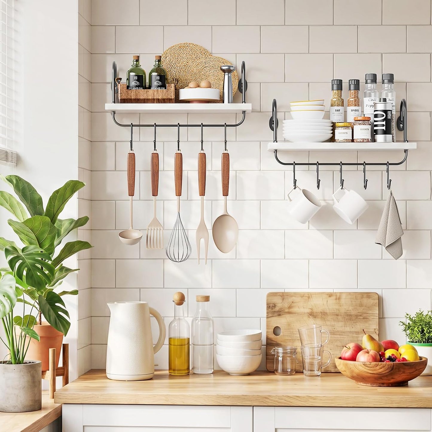 Olakee Floating Wall Shelves for Kitchen Bathroom Coffee Nook with 10 Adjustable Hooks for Mugs Cooking Utensils or