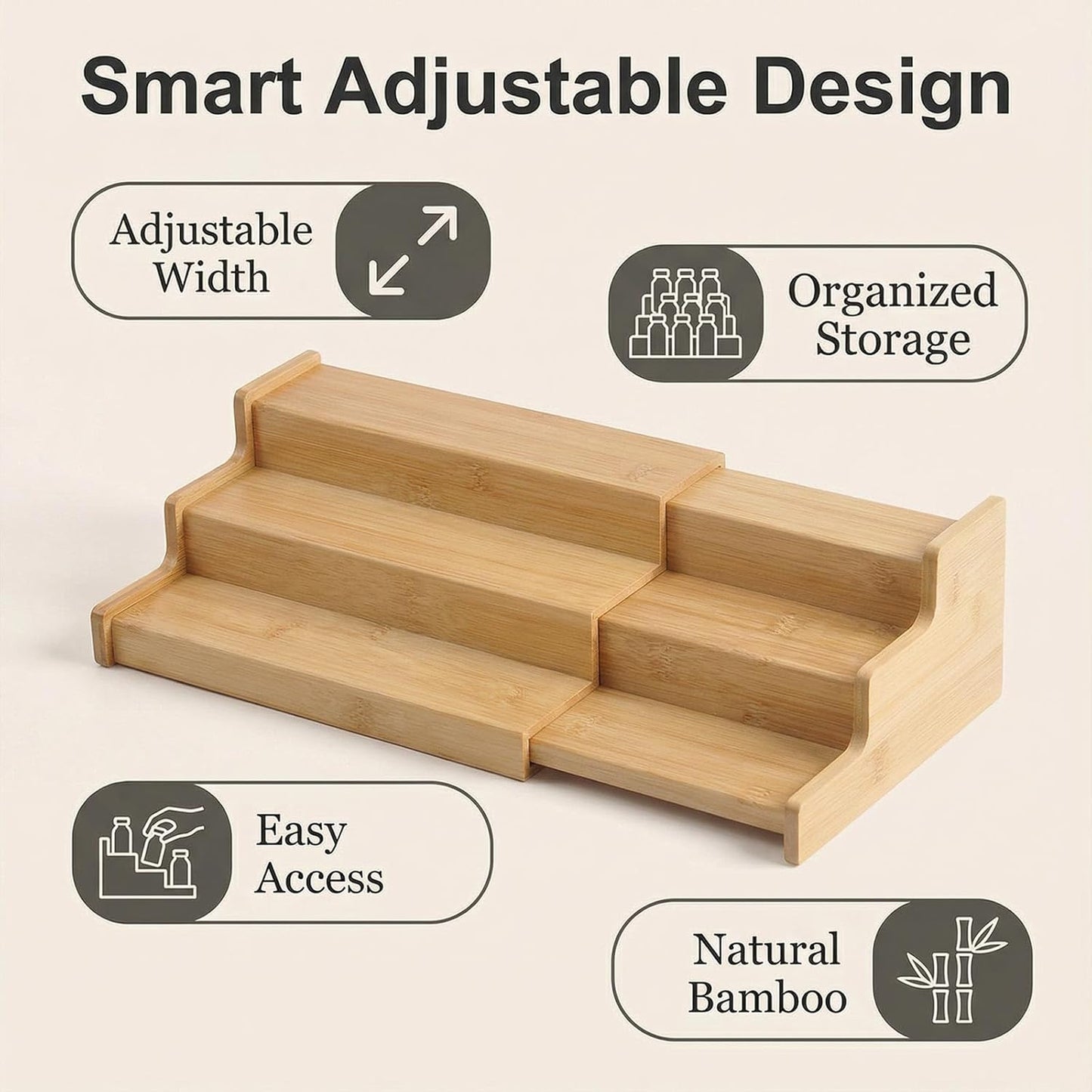 JinDoWin Spice Rack Organizer for Cabinets,Countertop & Pantries,2 Pack | Expandable design, 3-Tier stepped bamboo