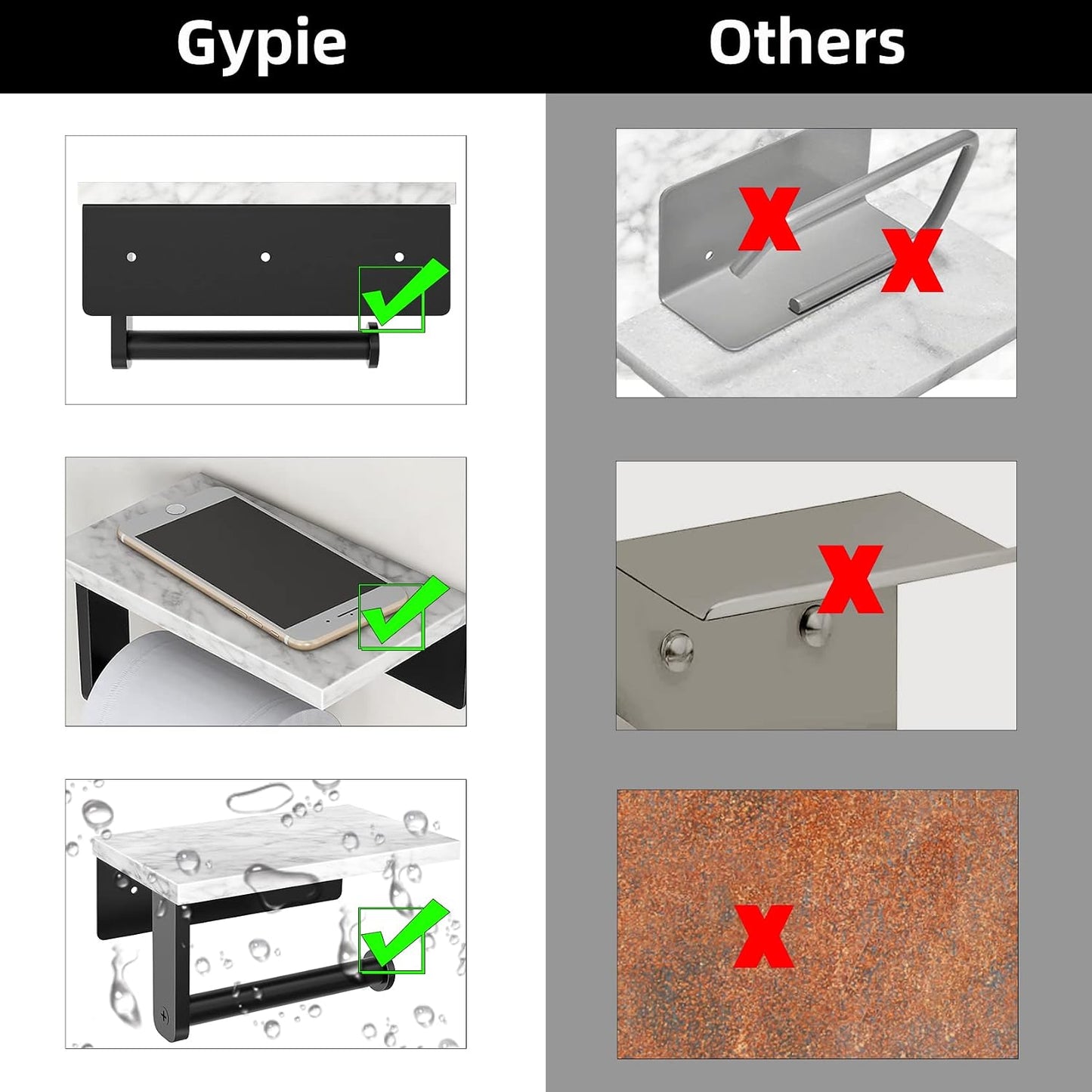 Gypie Marble Toilet Paper Holder with Shelf, Wall Mounted Matte Black | Stainless Steel Tissue Roll Paper Holder