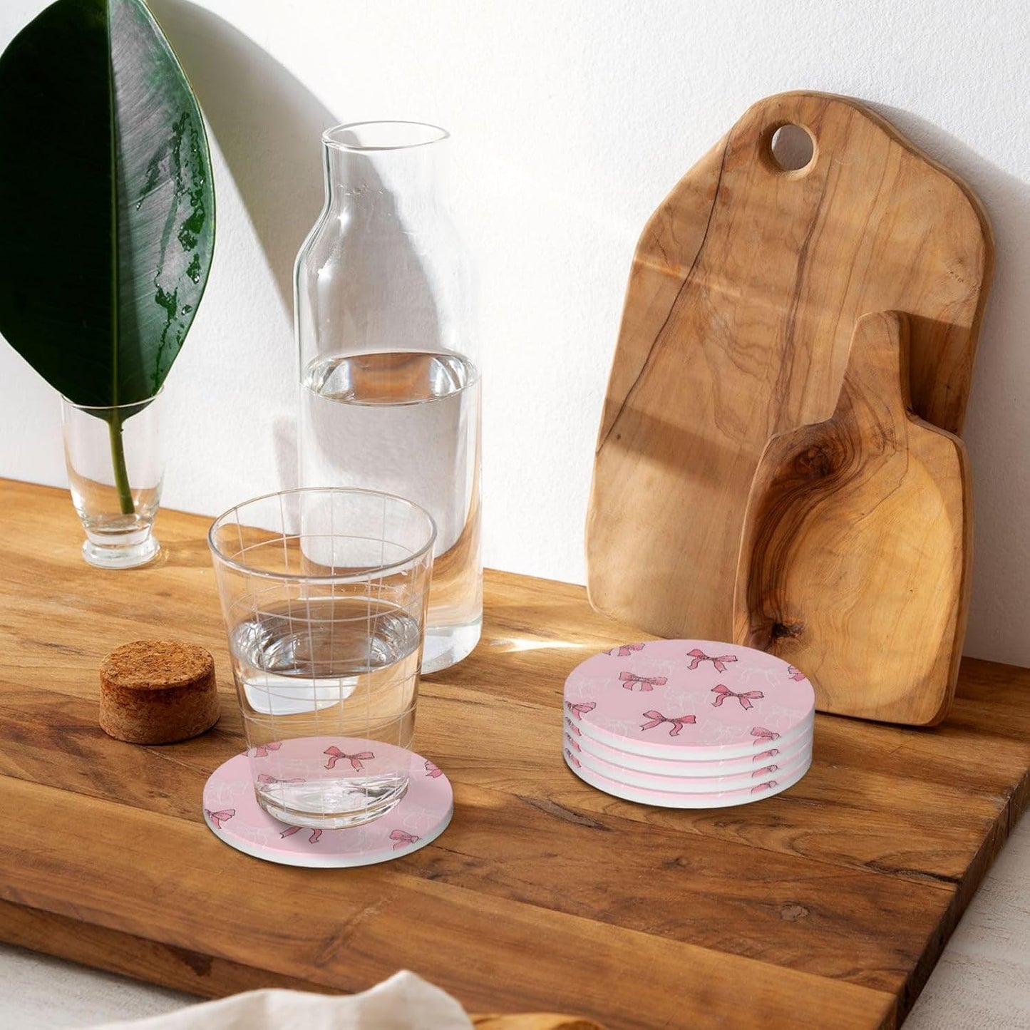 Absorbent Ceramic Cork Base Coasters Set Decorative 4.1 / Pink Bow / Set of 4