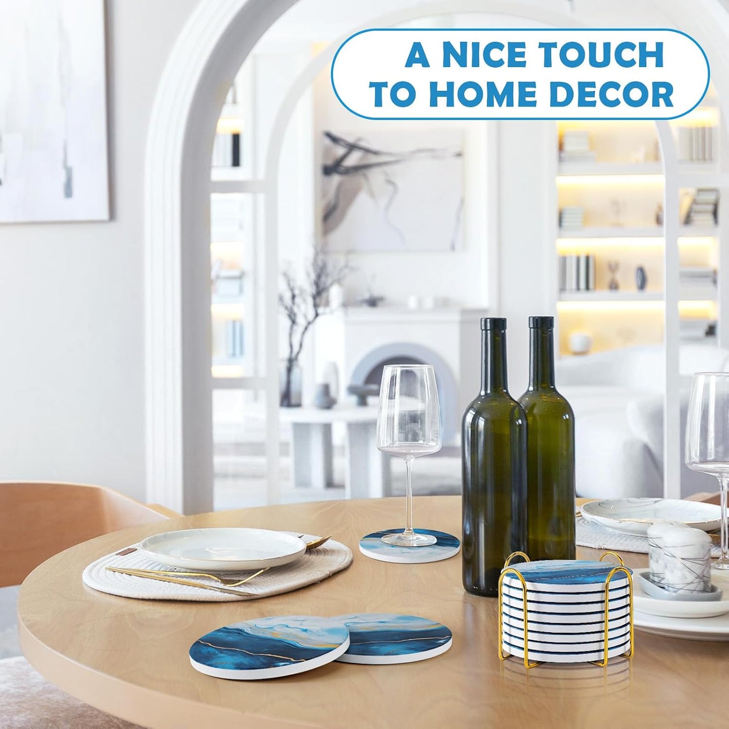 Absorbent Marble Style Ceramic Coaster Tabletop Protection Home Decor / Blue / Set of 8