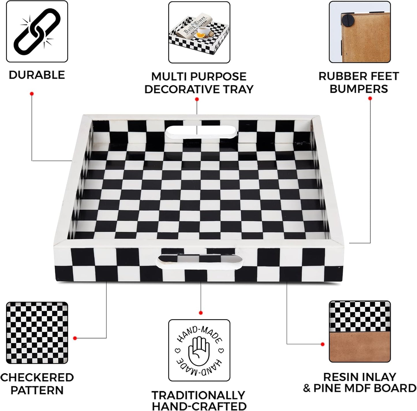 Decorative Serving Tray / 12 x 12 x 1.5 / Illusion Check / Black