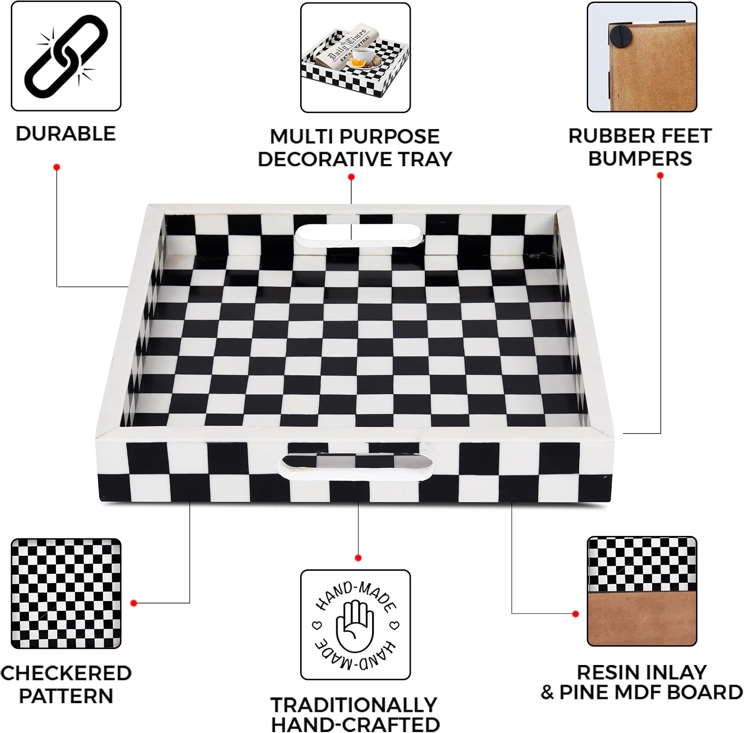 Decorative Serving Tray / 12 x 12 x 1.5 / Illusion Check / Black