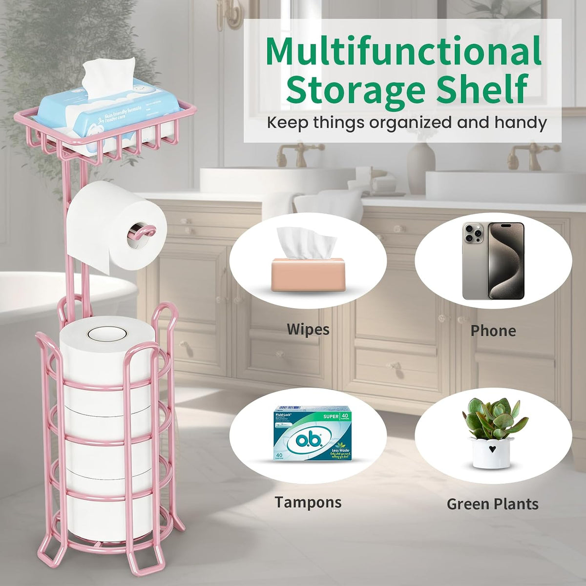 TomCare Toilet Paper Holder Free Standing with Shelf, Stable 4 Raised Feet | Stores 4 Mega Rolls, Tool-Free Assembly