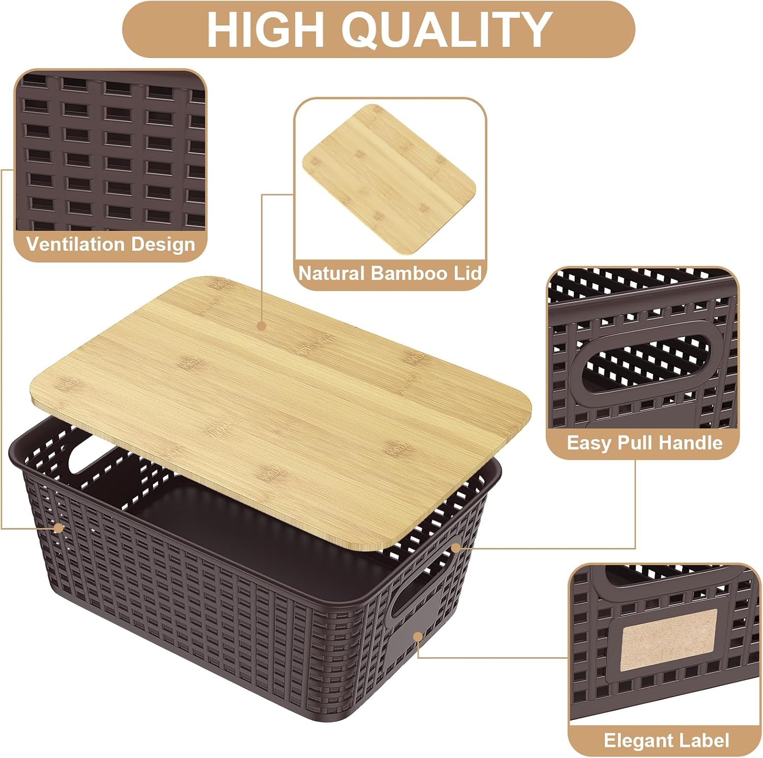 Storage Bins / Stackable Plastic Storage Basket / Brown / Set of 6