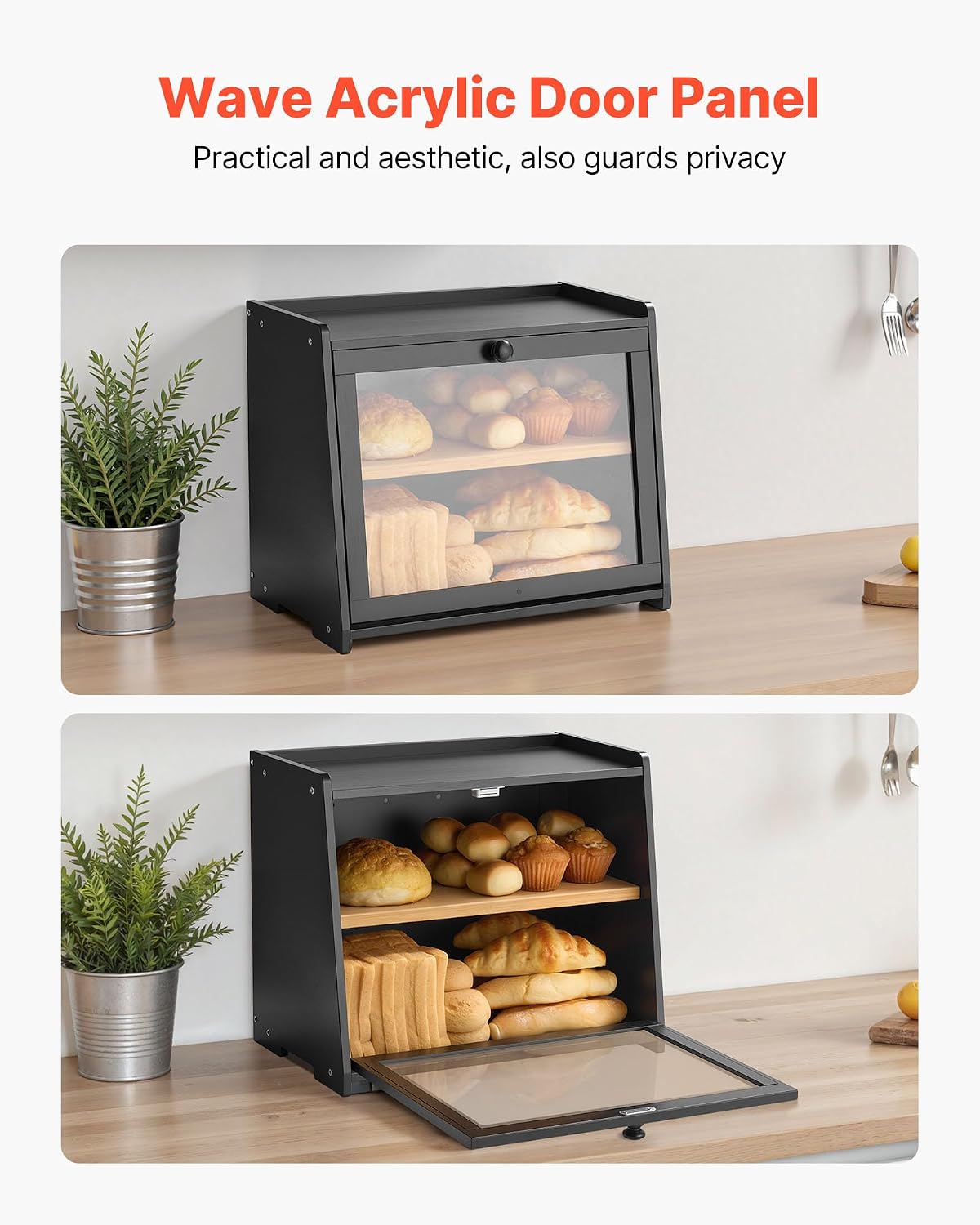 VEVOR Double Layer Bread Box for Kitchen Counter, Large Capacity Bamboo Bread Storage Container, Farmhouse Wooden
