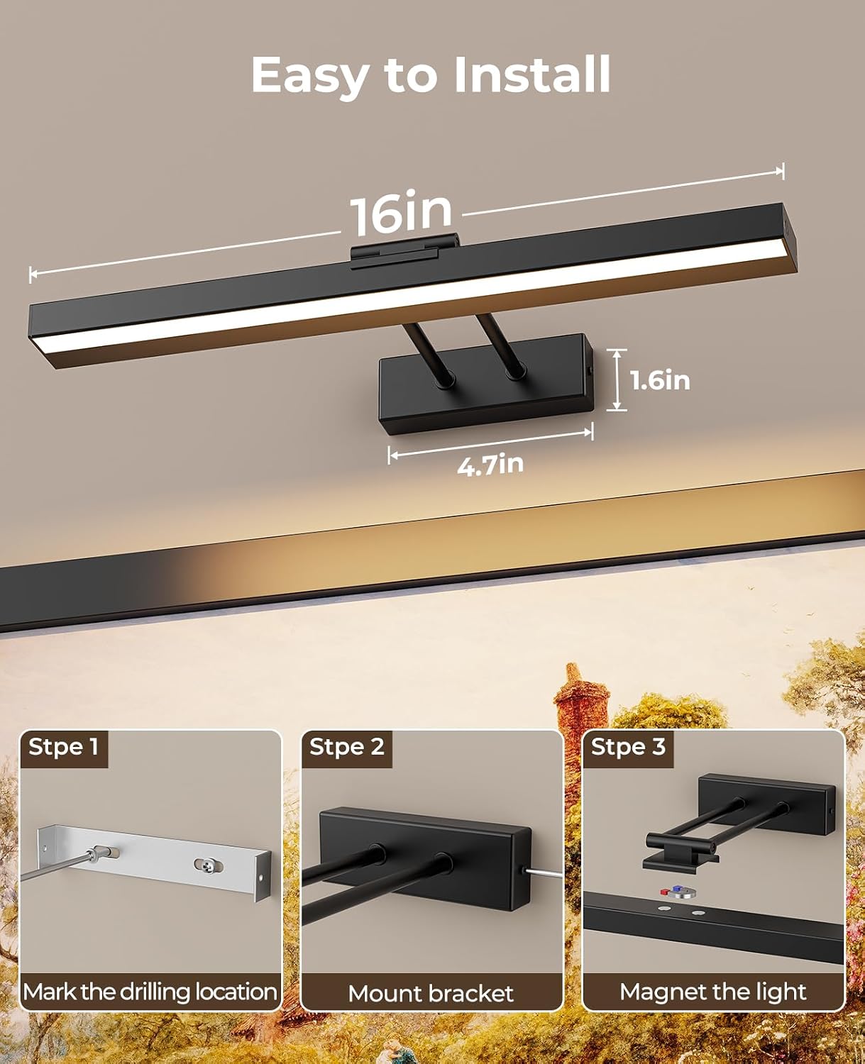 Picture Light Battery Operated, 16in Wireless Art Light for Paintings CCT Dimmable Recharging Battery Picture Light
