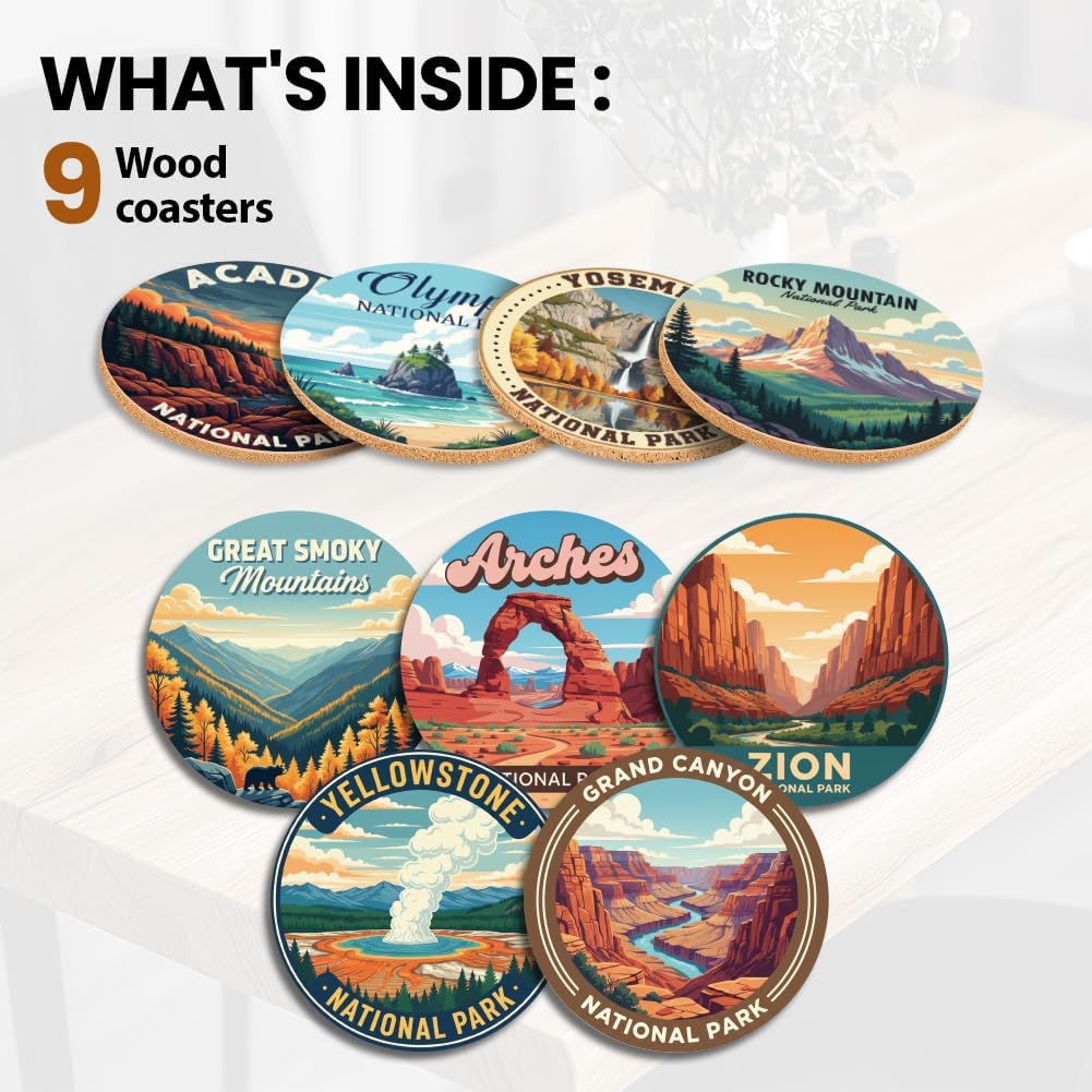 Coasters Pattern Colorful Wooden Coasters Bulk Round Housewarming Gift / National Park / Set of 9