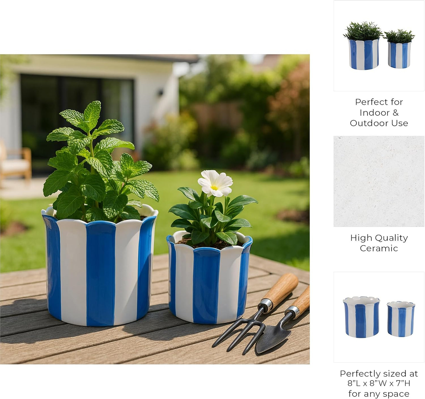 Flower Pots / Decorative Striped Scallop Edge Planters Accent / 7 Inches / Blue