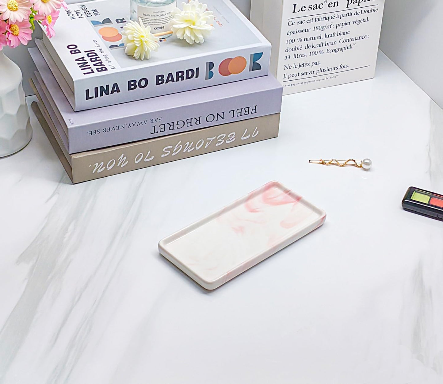 Tiny Ceramic Countertop and Vanity Tray for Cosmetics / 6.4 x 3 x 0.5 / Pink