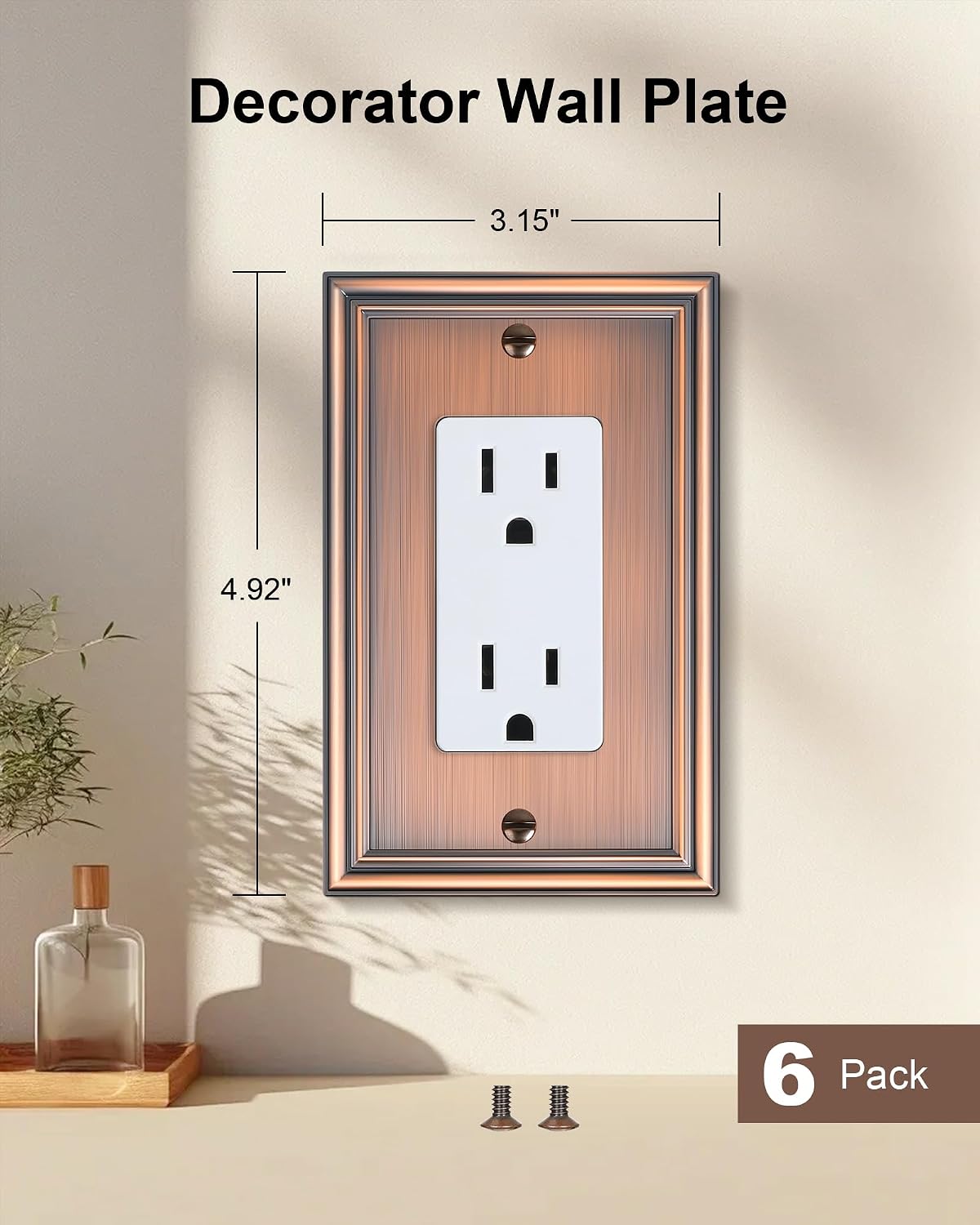 6-Pack Zinc Alloy Decorator Outlet Cover Plate, Solid Receptacle Cover | Decorative Switch Plates and Outlet Covers