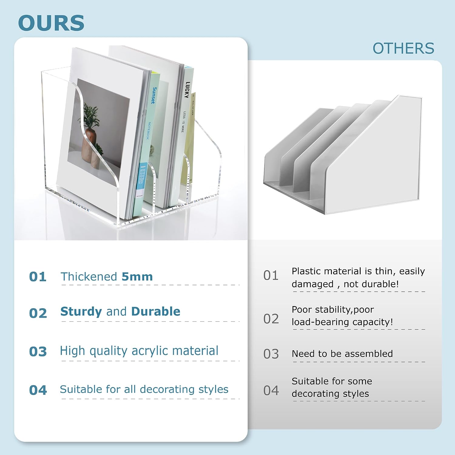 SANRUI 3 Slots Acrylic Magazine Holder, Desktop File Sorter Organizer Rack Bookshelf, Workspace Sorters Office Desk