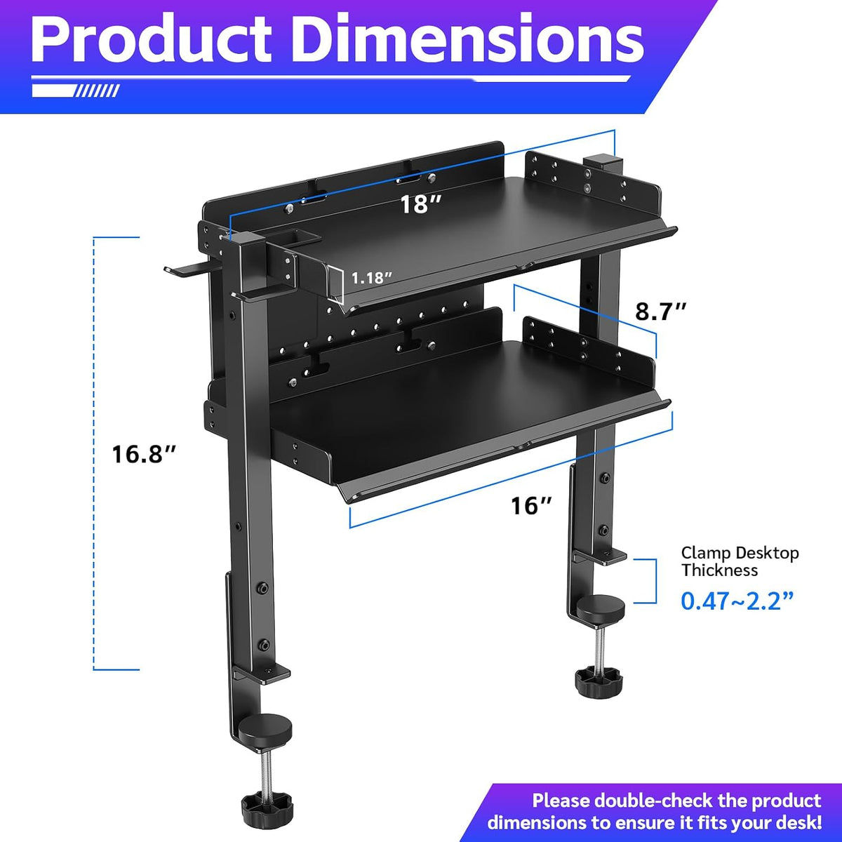 Metal Clamp On Desk Shelf,Storage Shelves with Pegboard and Pencil Holder | 2-Tier Adjustable 16 inch Above or Under
