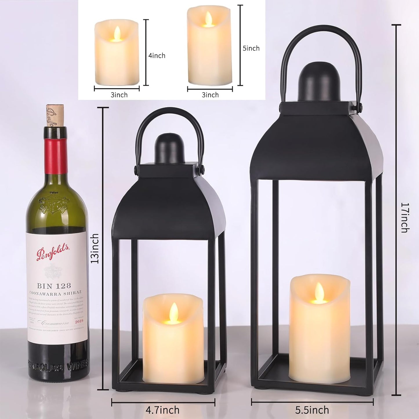 Lanterns Decorative Outdoor Indoor, 17'' 13'' Black Metal Outdoor Lanterns | Set of 2 Modern Farmhouse Candle Lantern