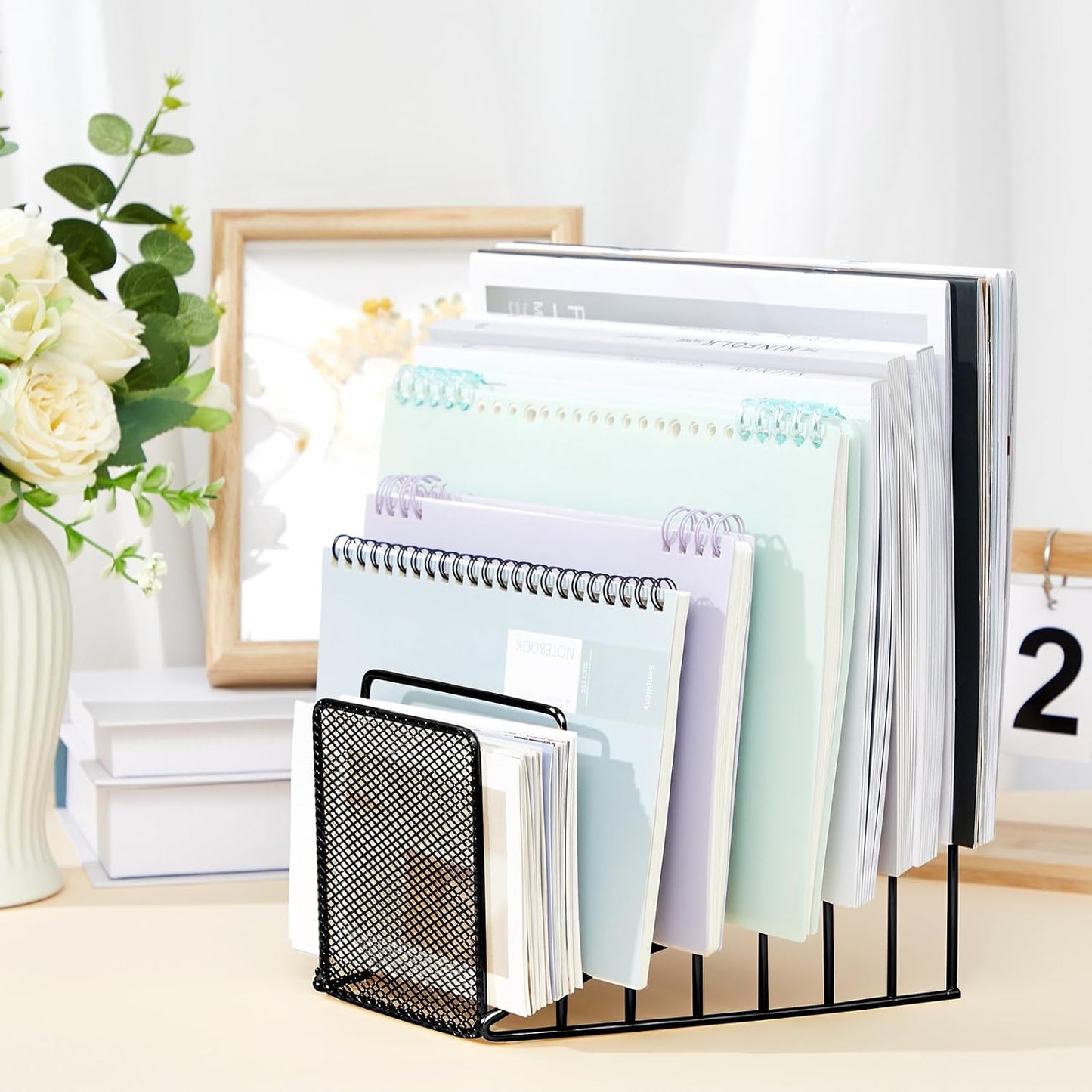 2 Pcs 7 Section Wire File Organizer for Desk, Metal Mesh Incline File Holder, Letter & Magazine Folder Rack, Desktop